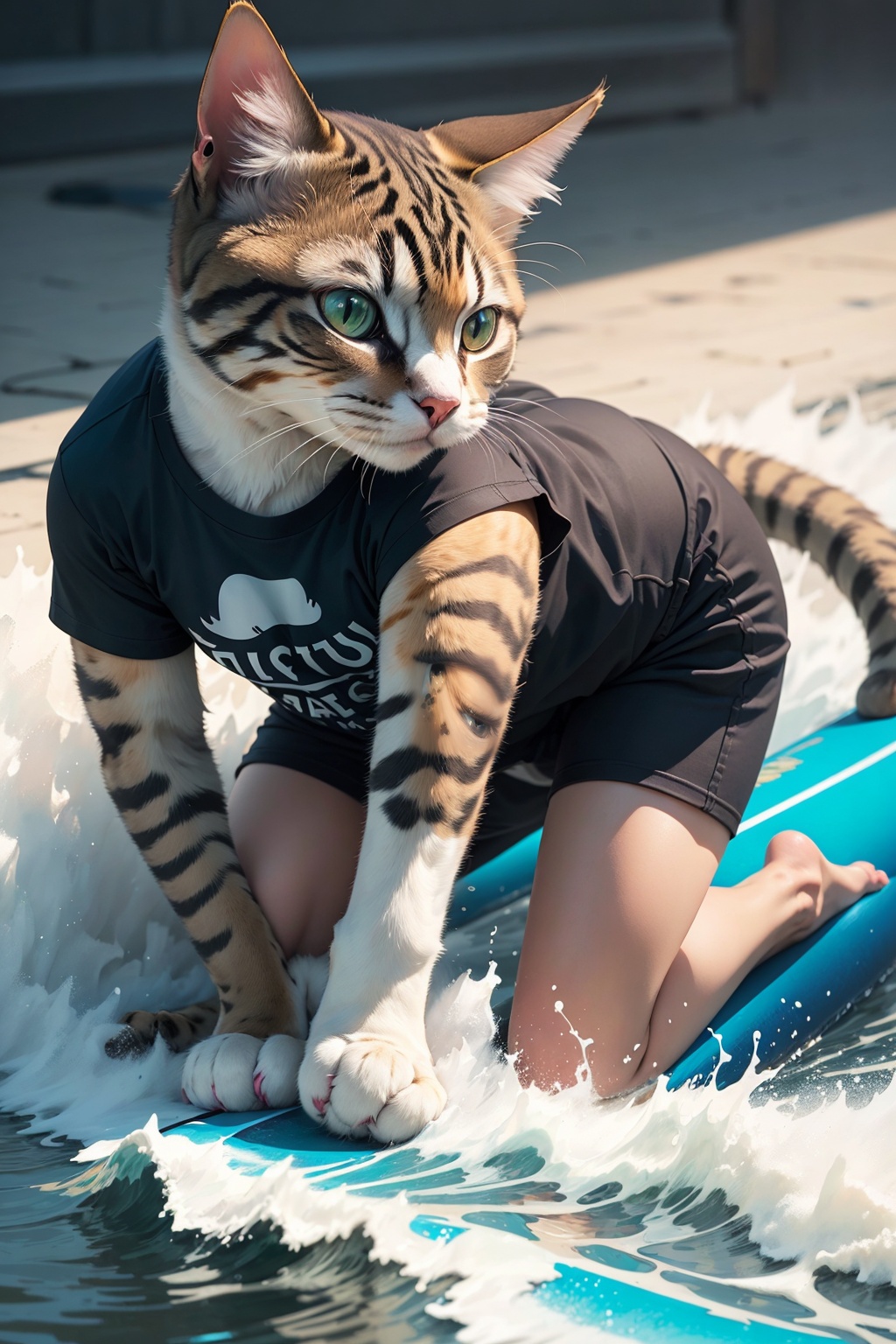 Excellence masterpice T-shirt design illustration of of an cat surffing,  sharper,  clean lines on Tensor.Art