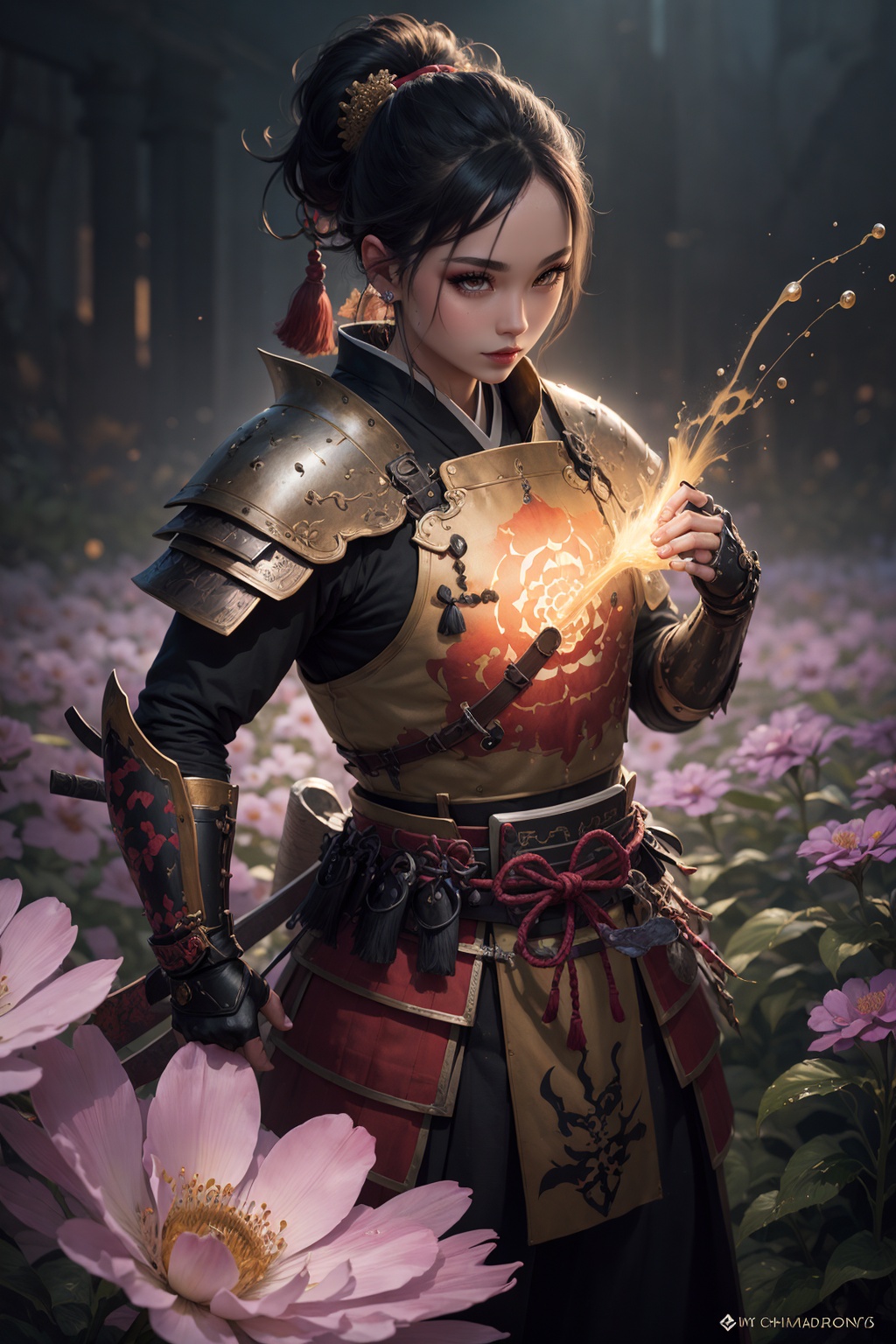 Confident Samurai Warrior,  Wearing gold and black 16-th Century Samurai Armor,  Fighting pose (Peach flower garden backgr...