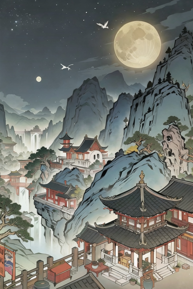 gufeng,scenery,tree,architecture,east asian architecture,no humans,outdoors,moon,night,pagoda,bird,mountain,sky,<lora:gufeng-000012_1:0.8>,<lora:小人书·连环画 xiaorenshu_v2.0:0.35>,
