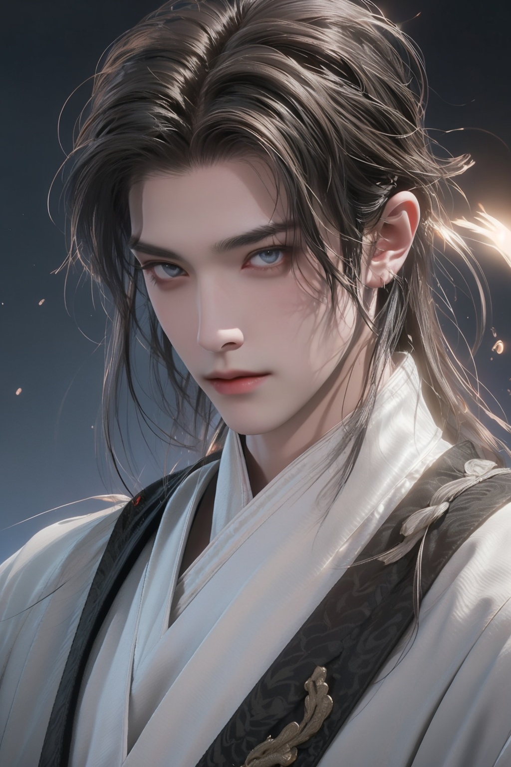  A boy with black hair, white hair, long hair and a high nose.Bust photo, China costume, Hanfu, bust photo,Gorgeous clothes, costumes, highlights, white highlights,Outdoor, fan, danjue