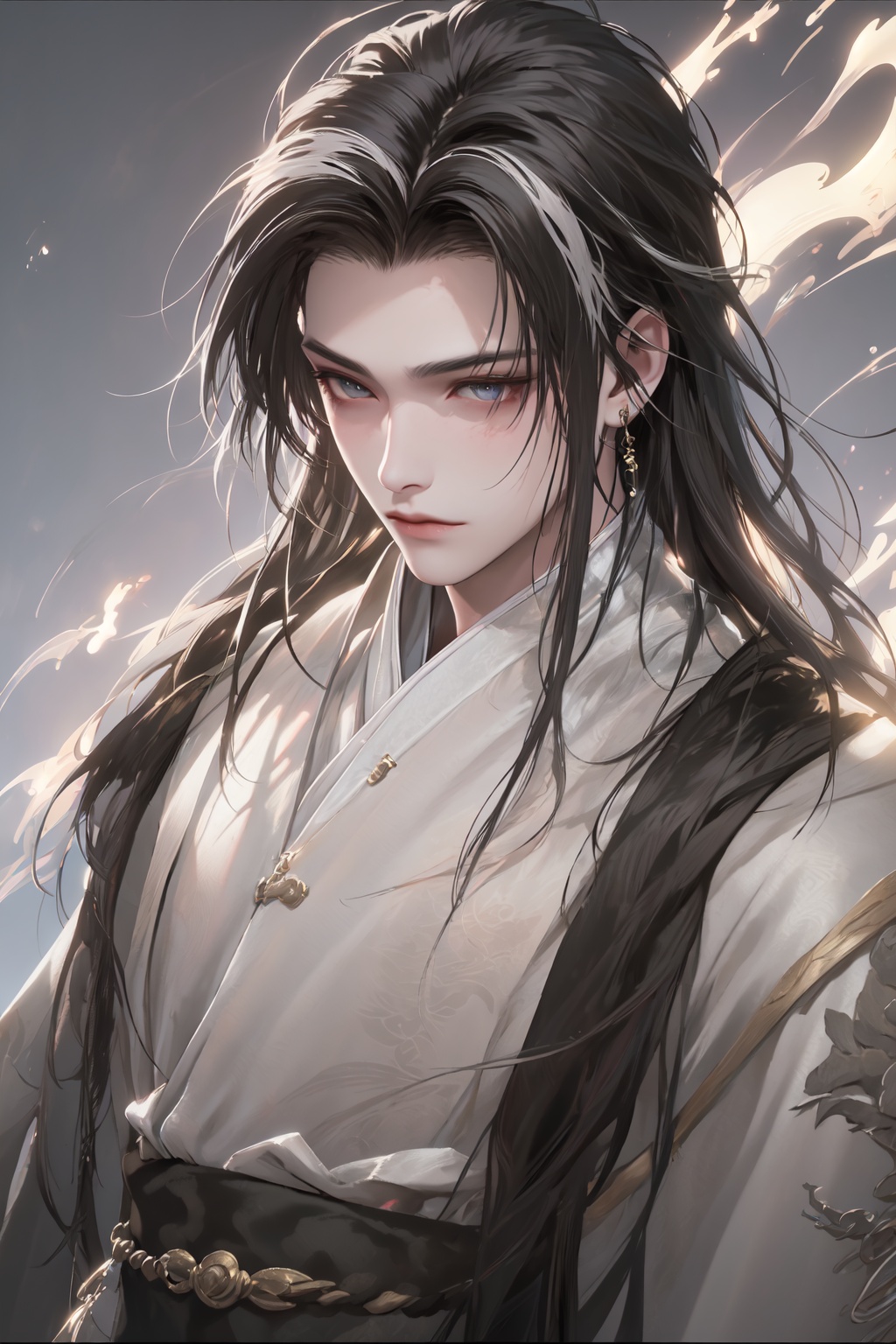  A boy with black hair, white hair, long hair and a high nose.Bust photo, China costume, Hanfu, bust photo,Gorgeous clothes, costumes, highlights, white highlights,Outdoor, fan, danjue