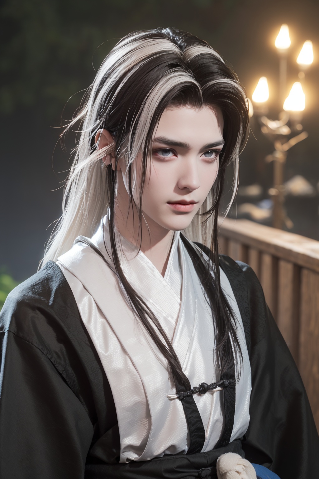 A boy with black hair, white hair, long hair and a high nose.Bust photo, China costume, Hanfu, bust photo,Gorgeous clothes, costumes, highlights, white highlights,Outdoor, fan