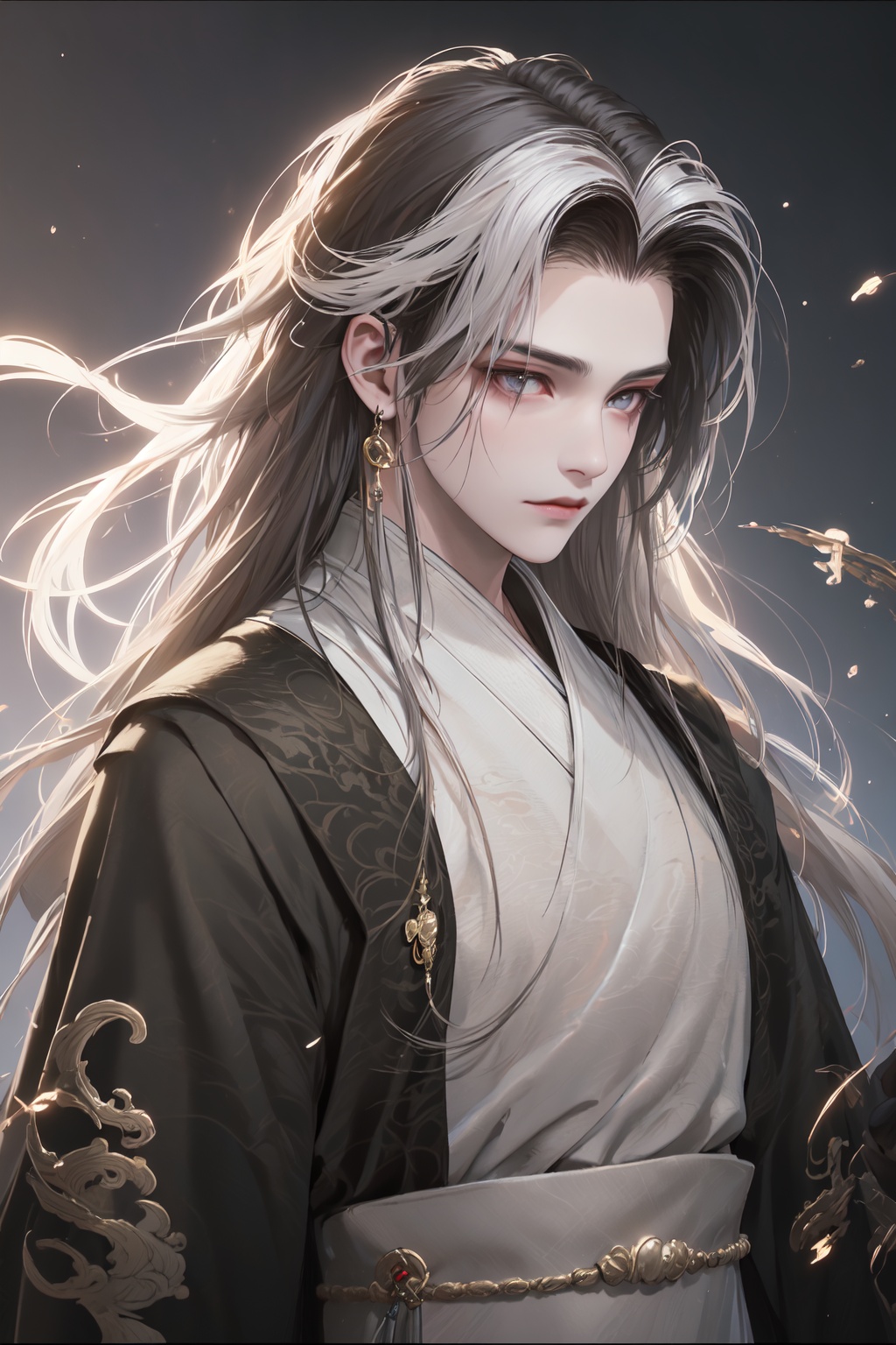  A boy with black hair, white hair, long hair and a high nose.Bust photo, China costume, Hanfu, bust photo,Gorgeous clothes, costumes, highlights, white highlights,Outdoor, fan, danjue