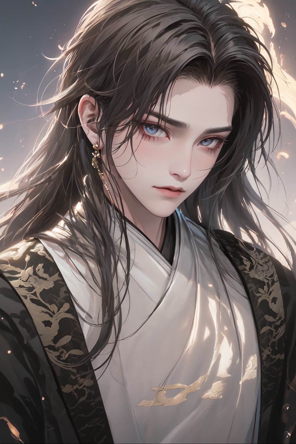  A boy with black hair, white hair, long hair and a high nose.Bust photo, China costume, Hanfu, bust photo,Gorgeous clothes, costumes, highlights, white highlights,Outdoor, fan, danjue