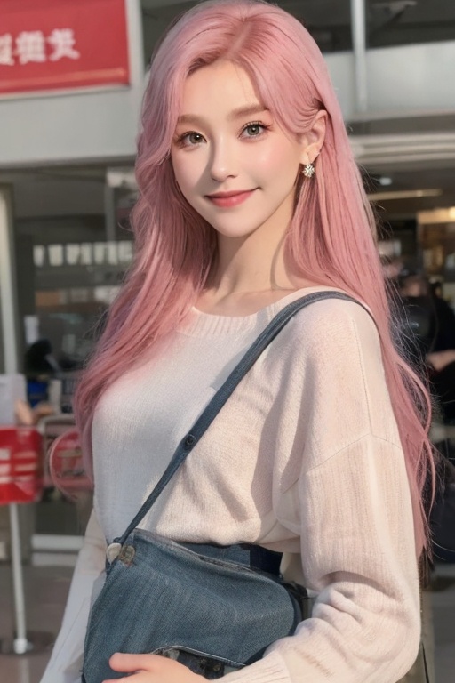 Features,(Well constructed), HDR,8K, Real person, High detail, high quality, masterpiece,1 girl, High detail, super bodyrealistic 8K, solo,1 girl, flowing hair, dynamic pose, looking_at_viewer, Perfect , jujingyi,1 girl, solo, jewelry, Long hair, Earrings, bag, handbag, smile,Pale pink hair