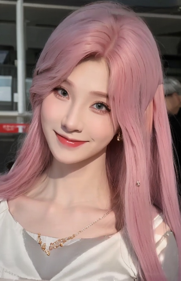 (Well constructed), HDR,8K, Real person, High detail, high quality, masterpiece,1 girl, High detail, super realistic 8K, solo,1 girl, flowing hair, dynamic pose, looking_at_viewer, Perfect body, jujingyi,1 girl, solo, jewelry, Long hair, Earrings, bag, handbag, smile,Pale pink hair