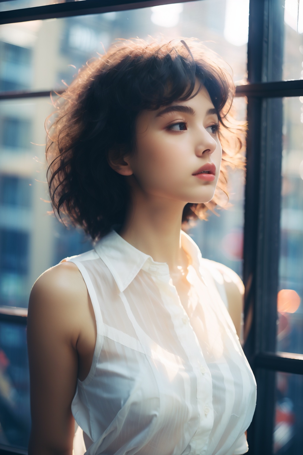 dygqzmv, 1girl, solo, shirt, sleeveless, upper body, realistic, lips, black hair, window, short hair, nose, white shirt, indoors, see-through, breasts, collared shirt, bra, parted lips, looking away