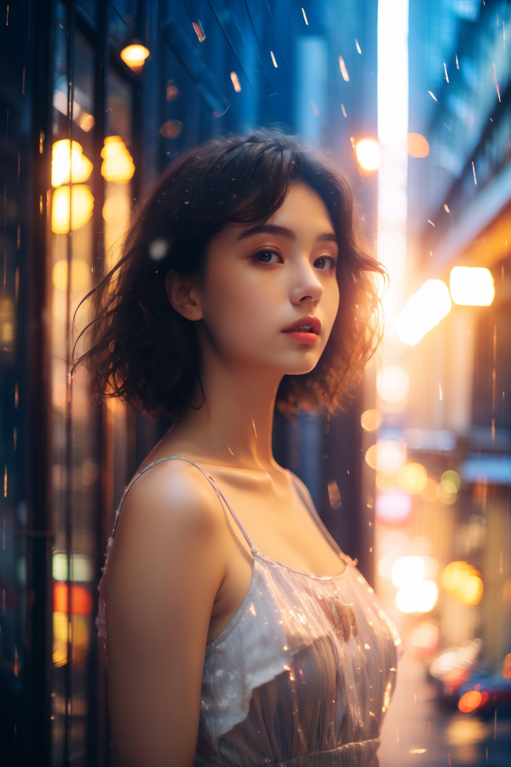 dygqzmv, 1girl, solo, brown hair, dress, short hair, lips, realistic, brown eyes, blurry, bare shoulders, parted lips, rain, city, arms at sides, outdoors, upper body, Movie texture, blurry background, and shimmering