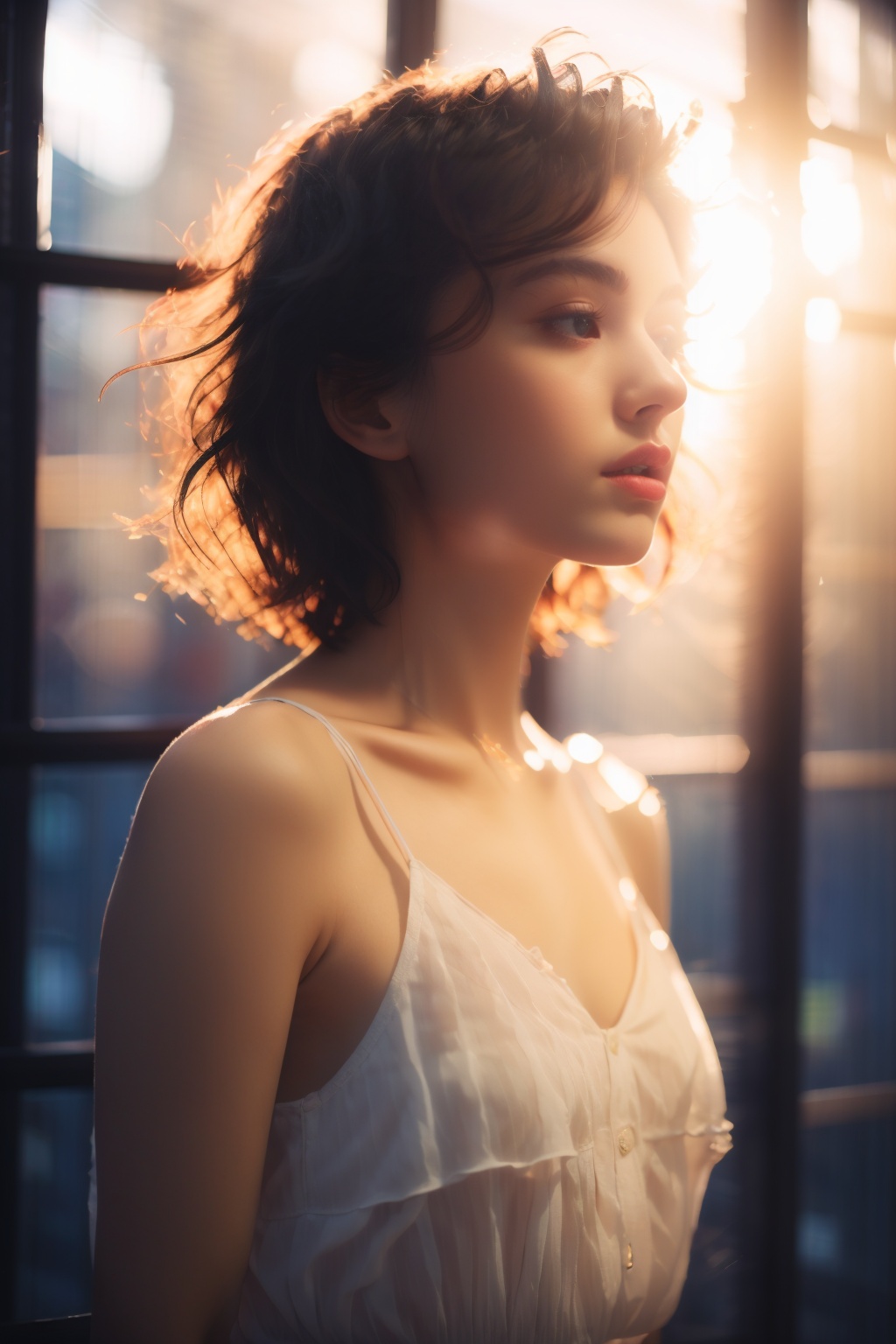 dygqzmv, 1girl, solo, realistic, lips, short hair, upper body, black hair, nose, looking away, looking to the side, breasts, collarbone, sunlight, dress, backlighting, bare shoulders, parted lips, blurry, arms at sides, messy hair, small breasts, window