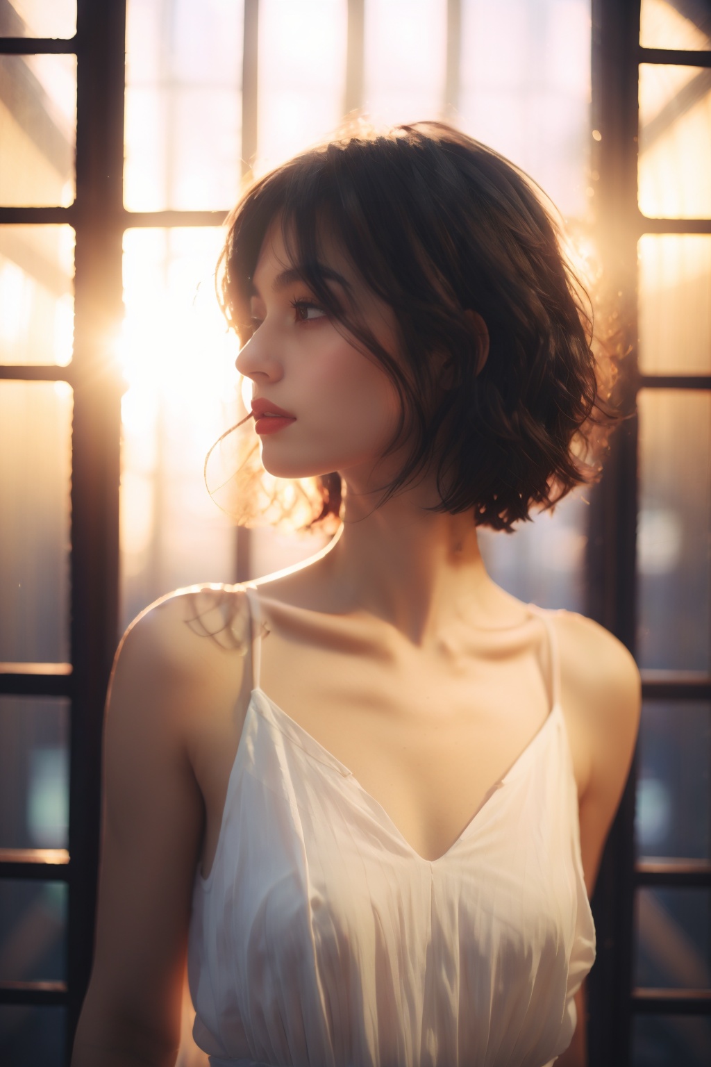 dygqzmv, 1girl, solo, dress, window, realistic, short hair, black hair, white dress, lips, collarbone, upper body, bare shoulders, looking away, nose, breasts, Sunshine shining on half of the shoulder
