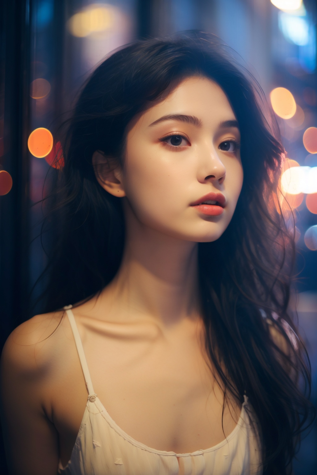 dygqzmv, 1girl, solo, black hair, long hair, blurry, upper body, lips, realistic, brown eyes, bare shoulders, collarbone, night, depth of field, blurry background
