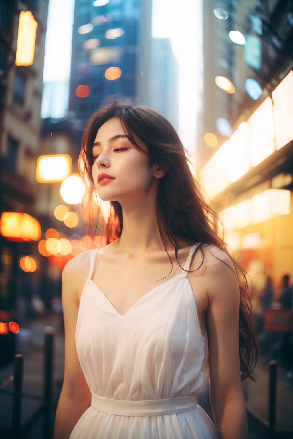 dygqzmv, 1girl, solo, realistic, dress, closed eyes, white dress, building, lips, blurry, brown hair, outdoors, bare shoulders, standing, city, collarbone, long hair, blurry background