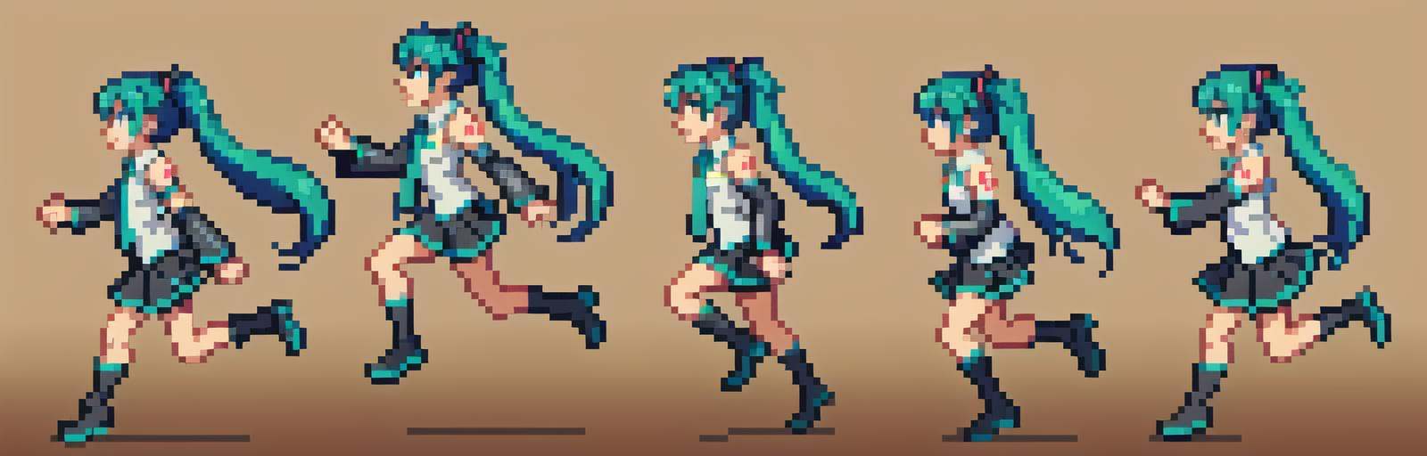 pixel,pixel art,pixelart,xiangsu,xiang su,full body,(((solid background)))<lora:pixelV1:1>1Girl,miku,Double ponytail, Hatsune Miku, skirt,side view, running, sequence frames <lora:hatsunemiku1-000006:1>, masterpiece,best,quality