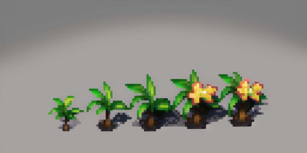 tree,five trees,plant growth process, reference table, no people, flower, gray background, simple background, growth stage, five stages, from young bud to luxuriant, still life, plant, leaf, soil,pixel,pixel art,pixelart,xiangsu,xiang su,no humans <lora:pixel plant growth:1>, masterpiece,best,quality