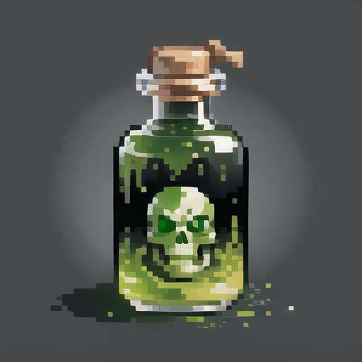 Green Liquid,Potion,botle,poison,green Skull Head, Magic,pixel,pixel art,pixelart,xiangsu,xiang su,Simple background<lora:Pixel bottle:1>, masterpiece,best,quality