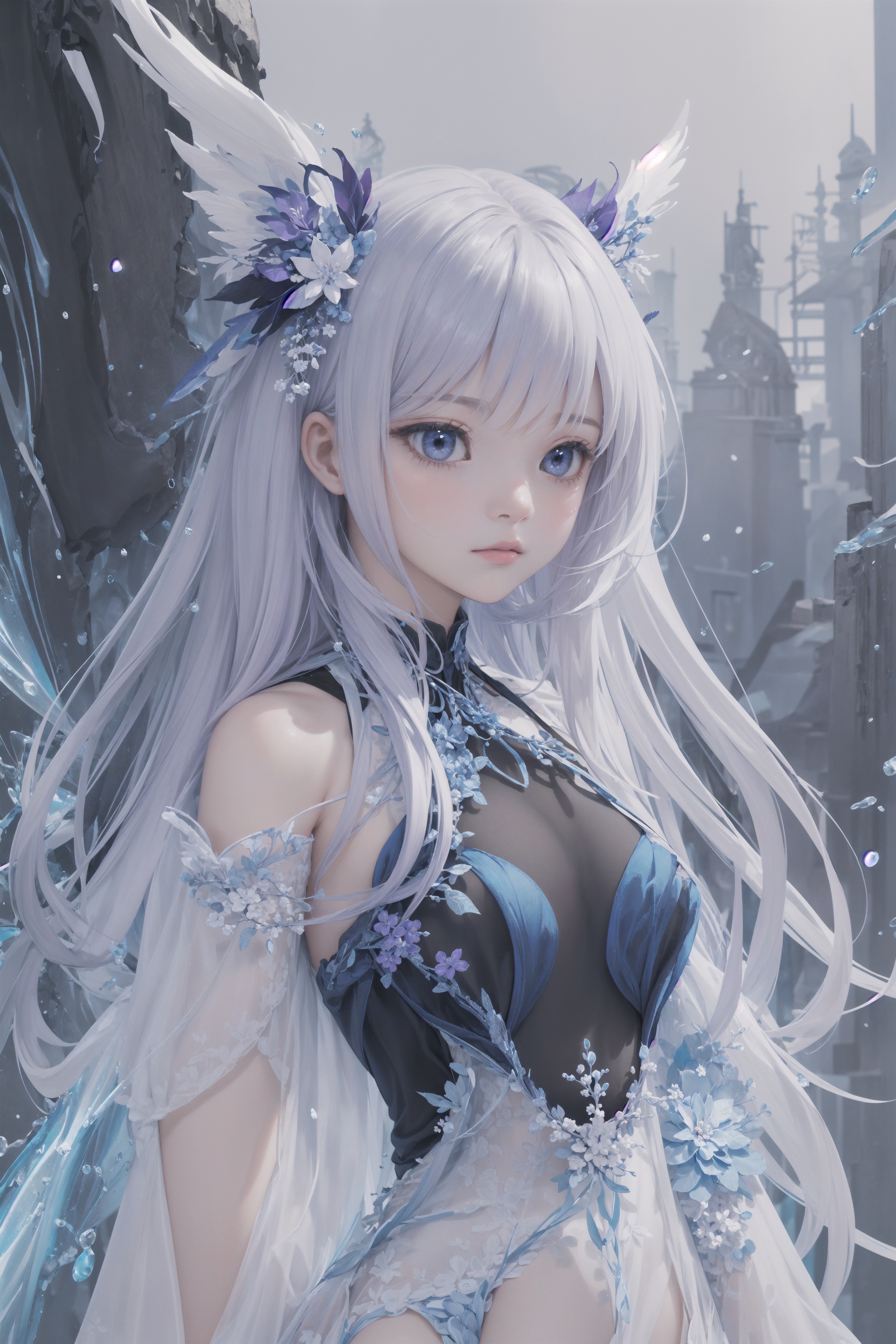 (masterpiece, top quality, best quality, official art, beautiful and aesthetic:1.2),(1girl),extreme detailed,(fractal art:1.3),colorful,highest detailed..,Purple,White,Blue,Chest,Abdomen,Snowflakes falling,(whole body:1.5),a face,(Only one face.:1.1),.,  