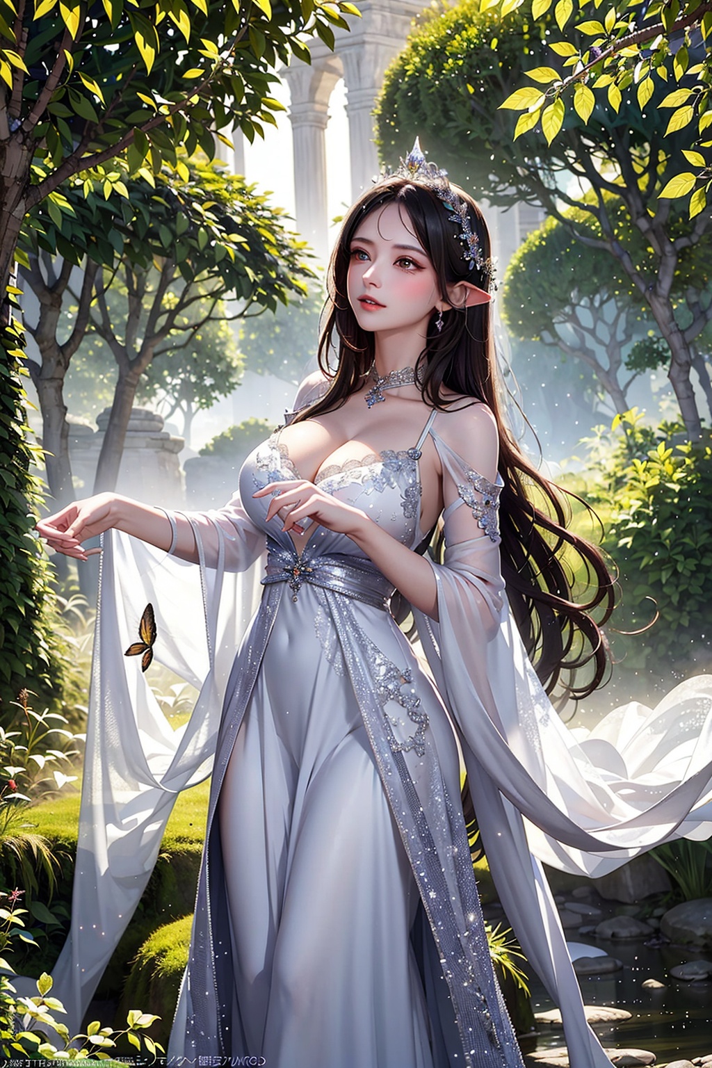 In an ethereal forest glade,  a radiant elf maiden stands,  her long on Tensor.Art