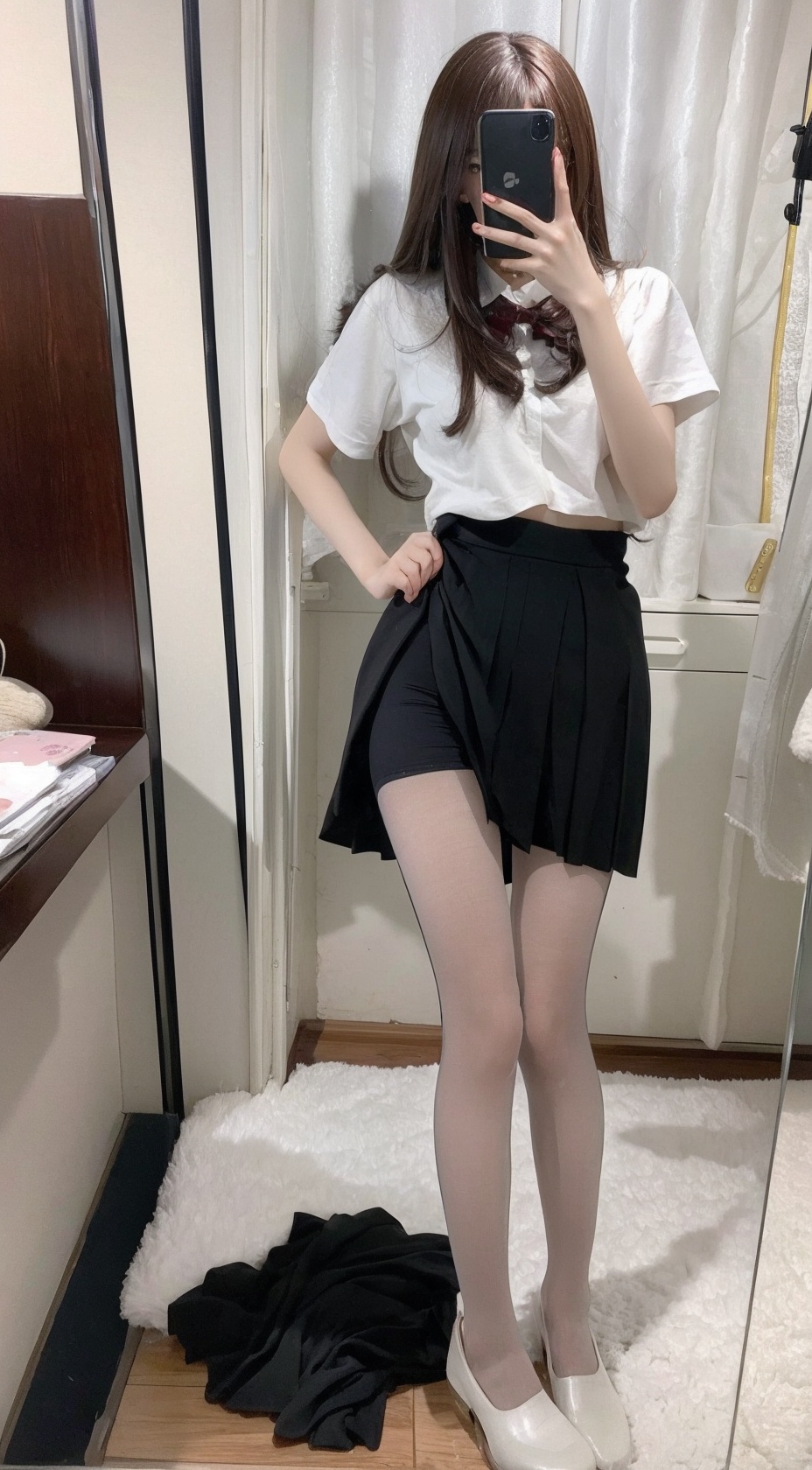  Best quality, 1girl, xtt's bodyA photo of oneself taken with a phone in front of a mirror ,full body, Wearing black Pleated skirt, wearing pantyhose , kneeling, Mobile selfie perspective, shapely body,midnight, xtt