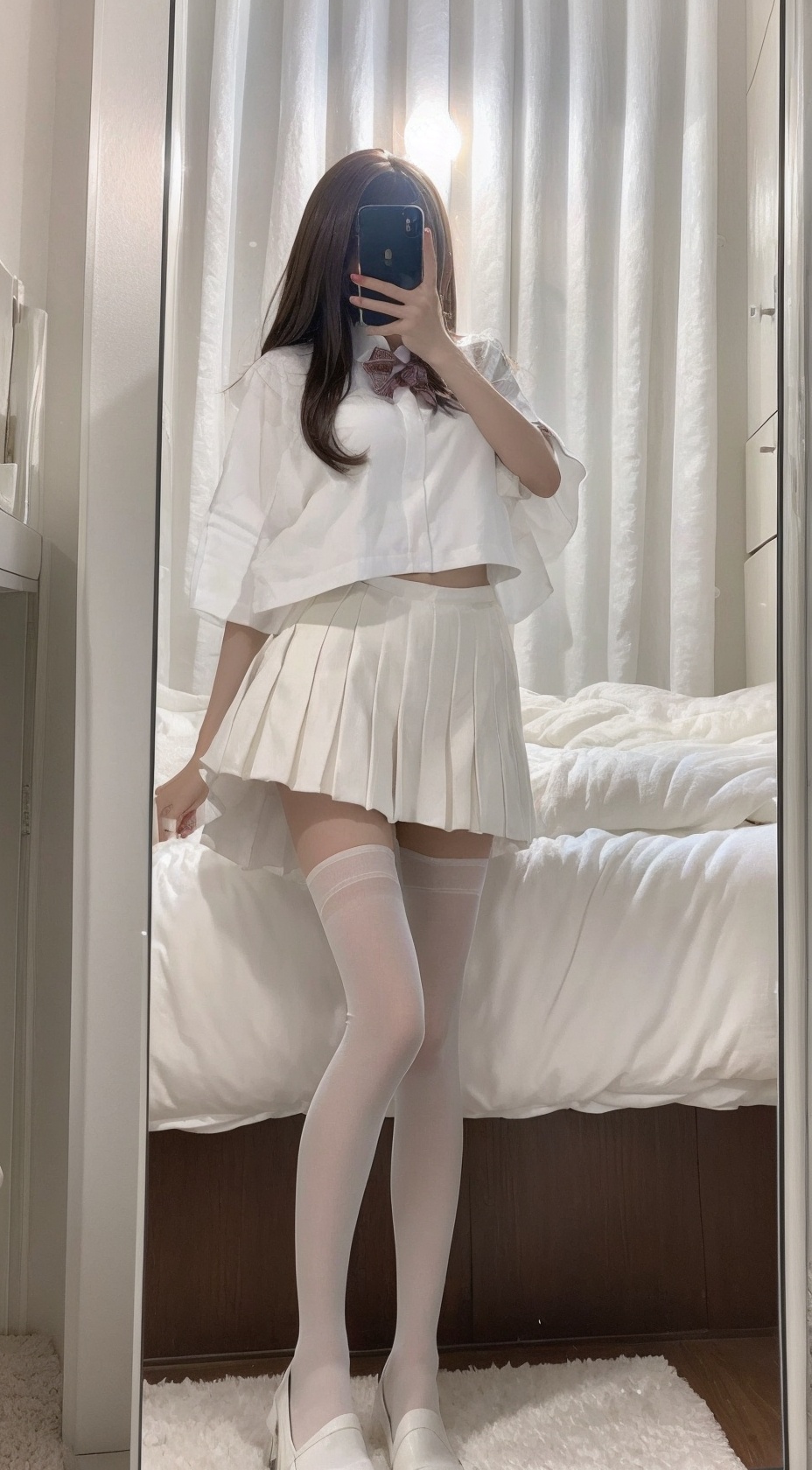  Best quality, 1girl, xtt's bodyA photo of oneself taken with a phone in front of a mirror ,full body, Wearing pure white shirt outside, Wearing black Pleated skirt, wearing pantyhose ,standing, Mobile selfie perspective, shapely body,midnight, xtt