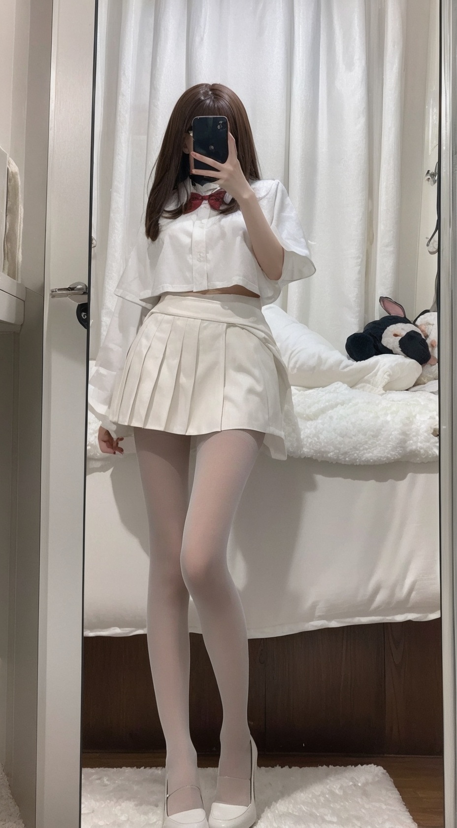  Best quality, 1girl, xtt's bodyA photo of oneself taken with a phone in front of a mirror ,full body, Wearing pure white shirt outside, Wearing black Pleated skirt, wearing pantyhose ,standing, Mobile selfie perspective, shapely body,high heels, xtt