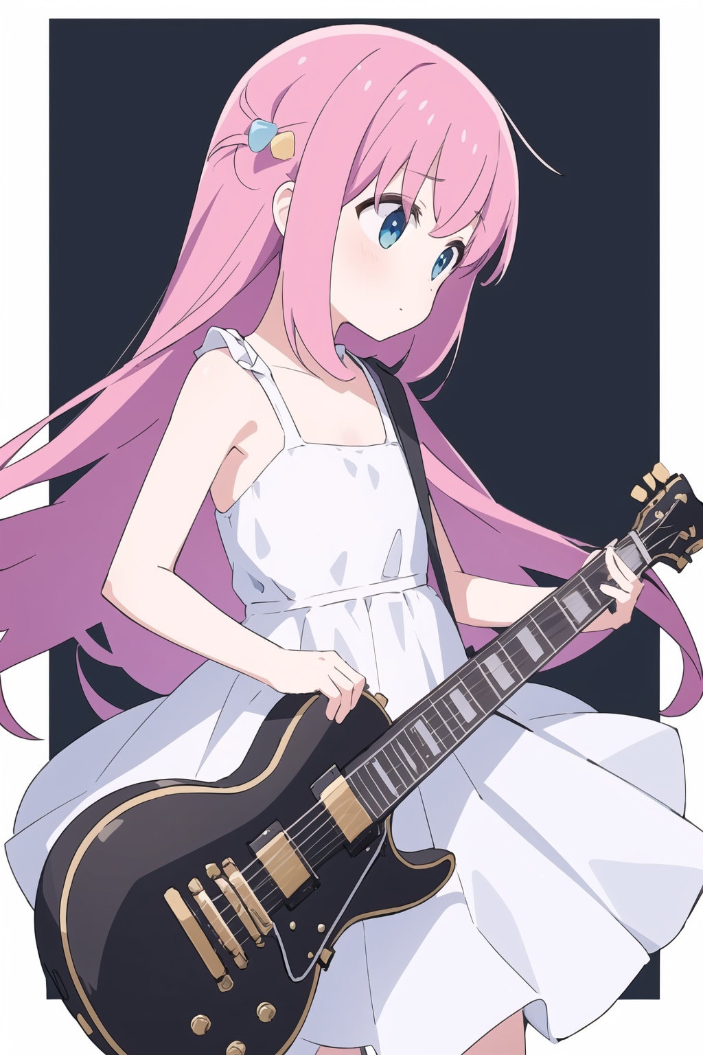  1girl,loli,gotou hitori,white dress,white background,Play the guitar