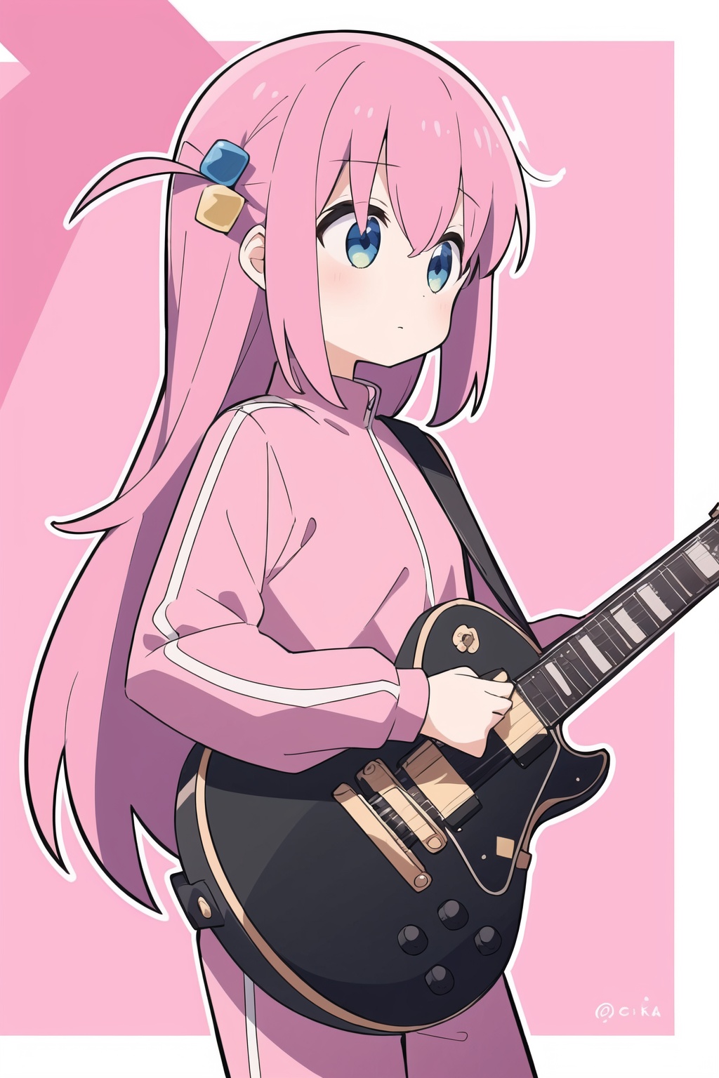 1girl,loli,gotou hitori,pink tracksuit,white background,Play the guitar