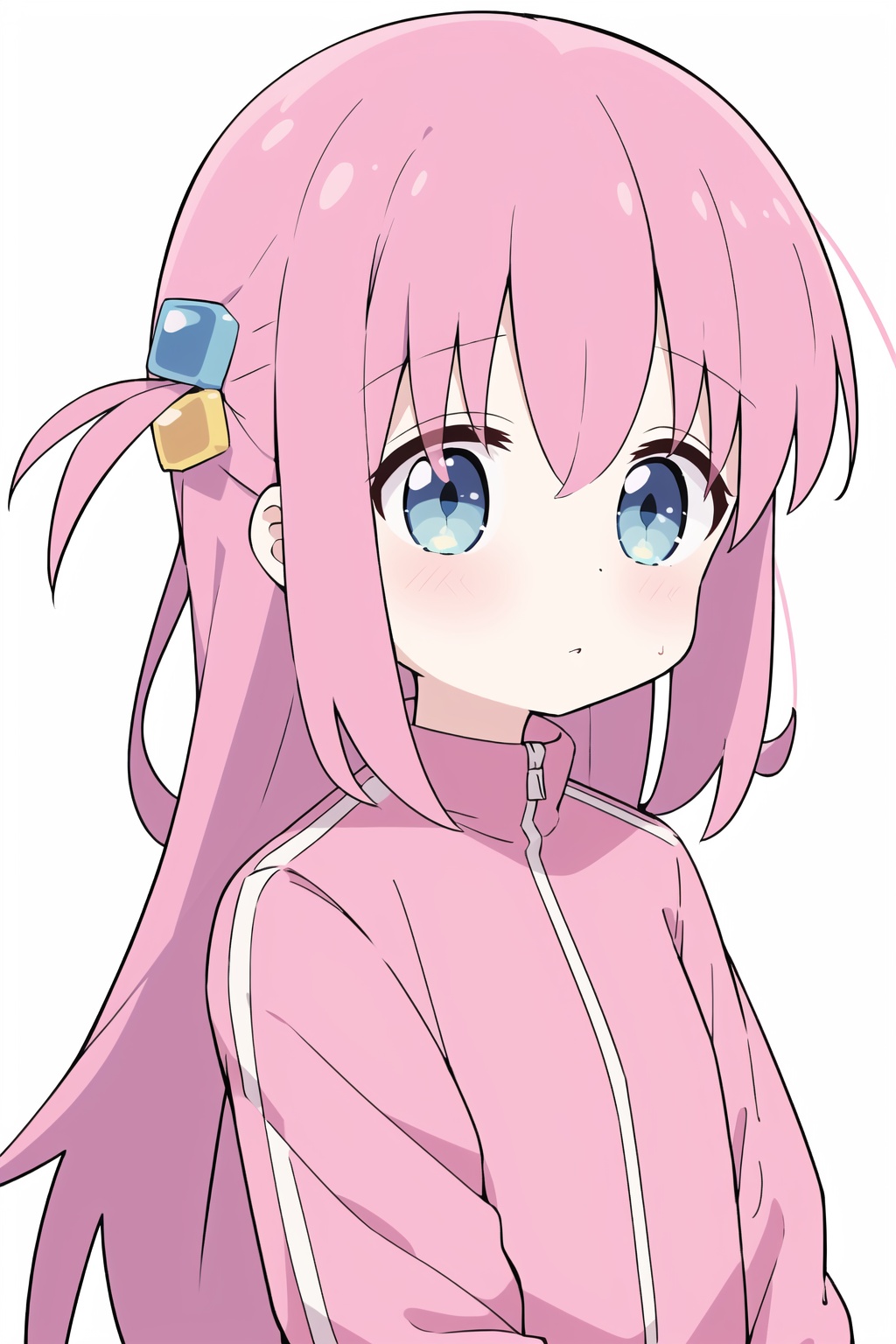 1girl,loli,gotou hitori,pink tracksuit,blue eyes,white background