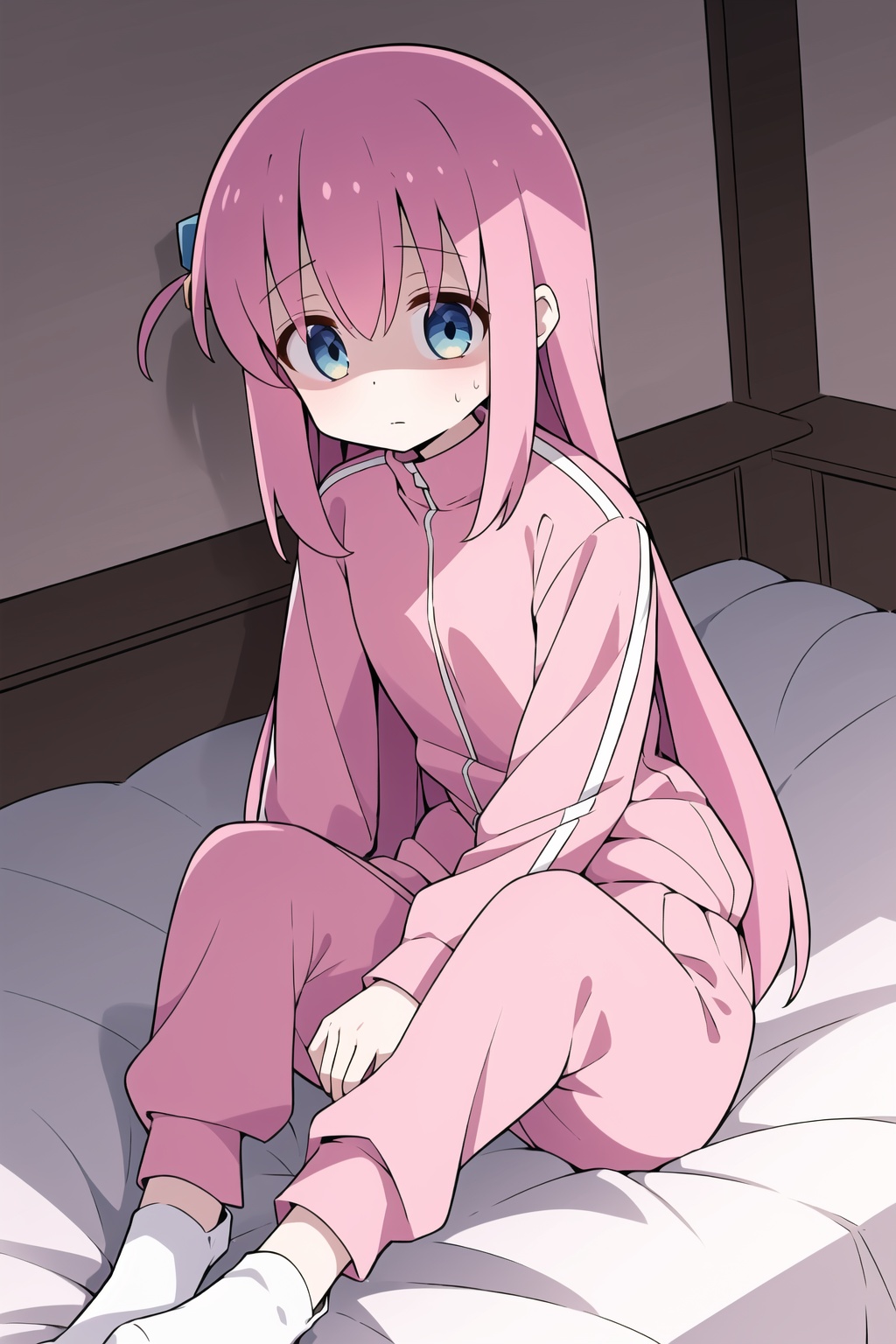  1girl,loli,gotou hitori,pink tracksuit,blue eyes,sit on the bed,pink sweatpants,white socks,shaded face