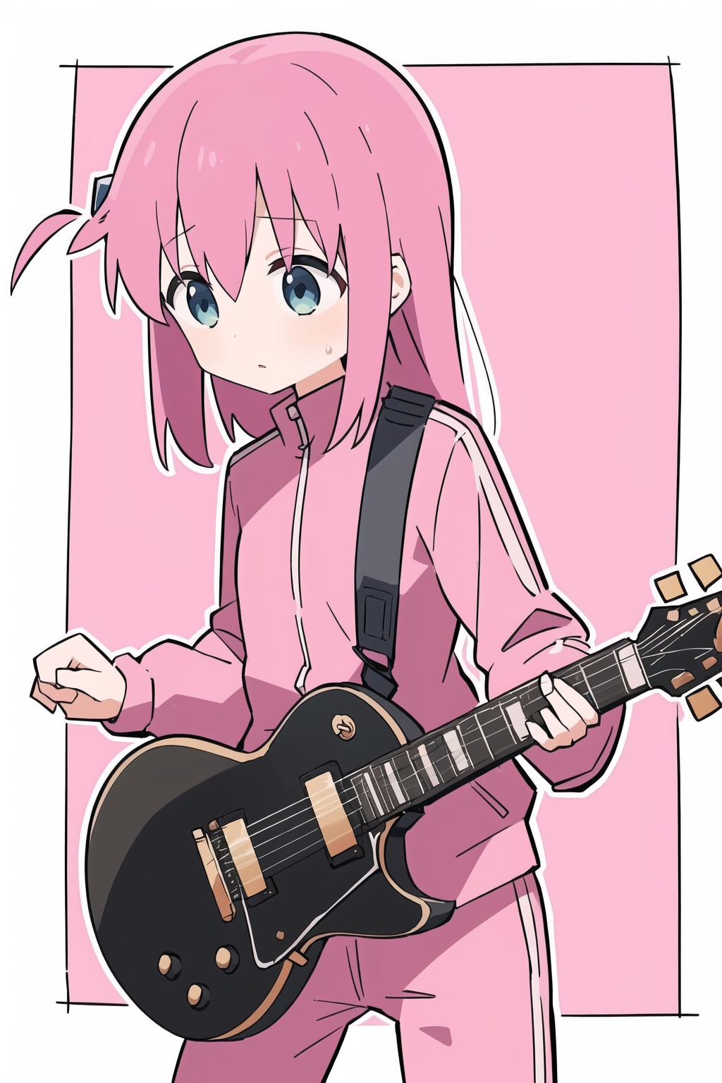 1girl,loli,gotou hitori,pink tracksuit,white background,Play the guitar