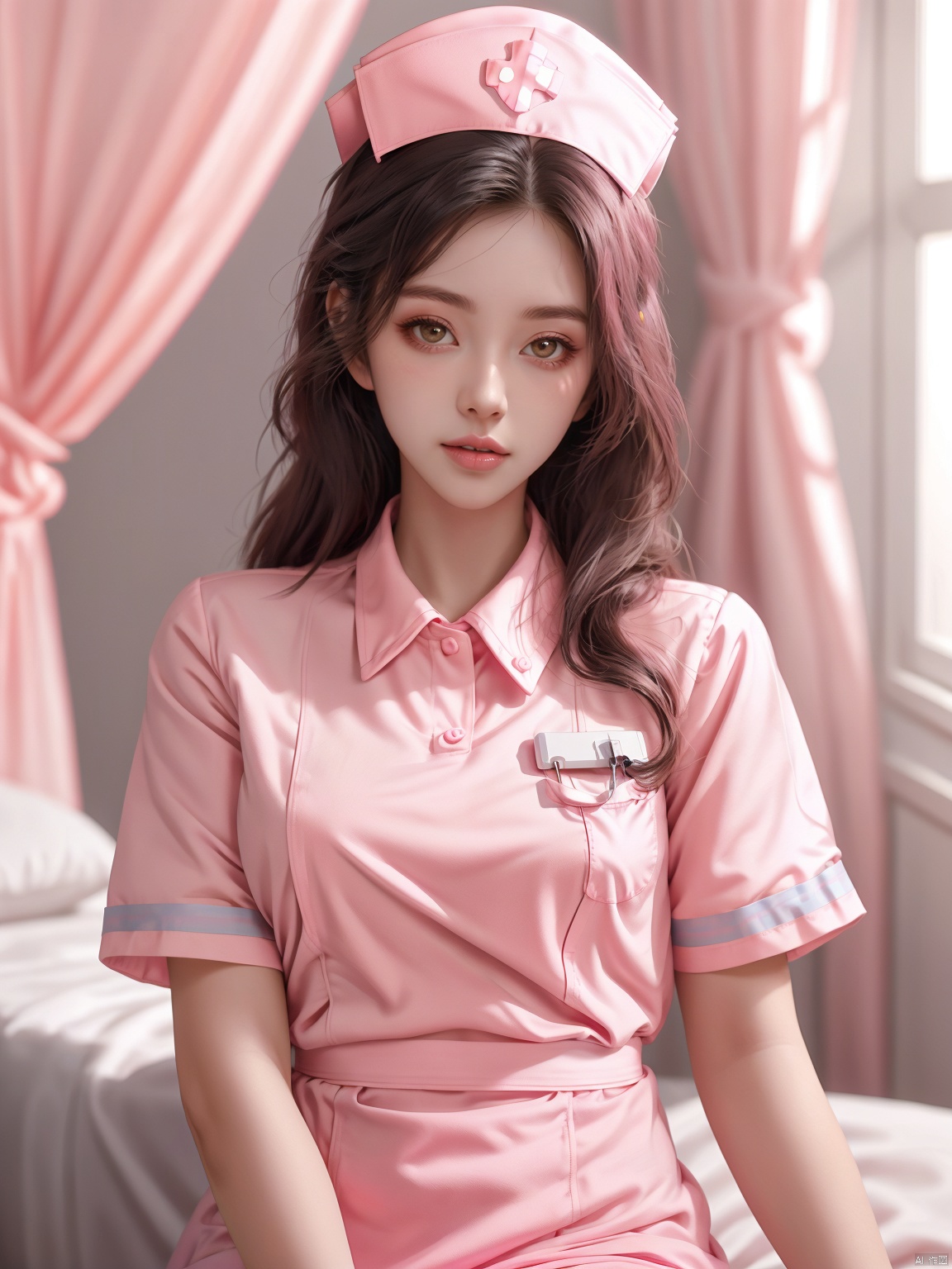  masterpiece, 1 girl, Lovely, Sweet, Long hair, nurse, looking at viewer, pink dress, Pink nurse's uniform, realistic, textured skin, super detail, best quality,