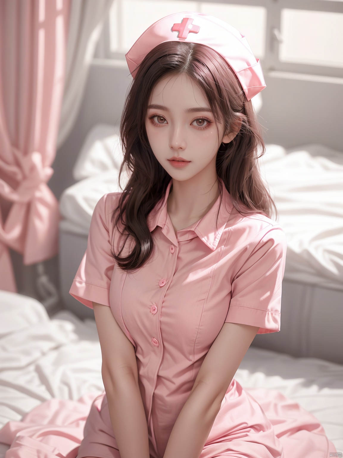  masterpiece, 1 girl, Lovely, Sweet, Long hair, nurse, looking at viewer, pink dress, Pink nurse's uniform, realistic, textured skin, super detail, best quality,