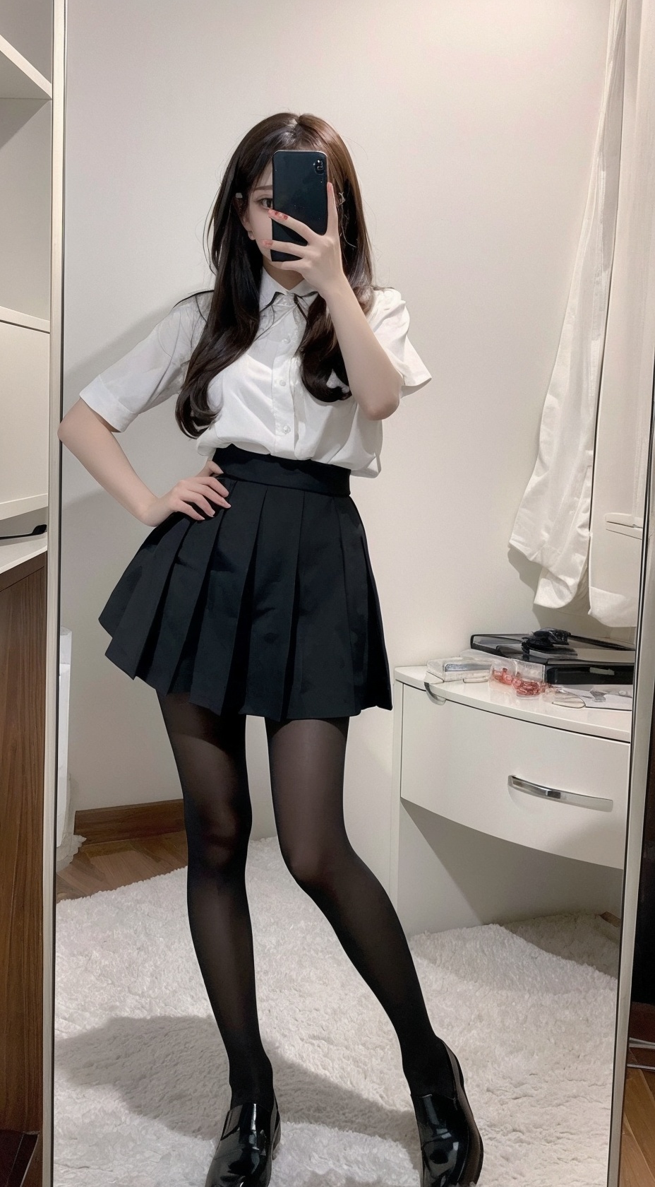  Best quality, 1girl, xtt's bodyA photo of oneself taken with a phone in front of a mirror ,full body, Wearing black Pleated skirt, wearing pantyhose , kneeling, Mobile selfie perspective, shapely body,midnight, xtt