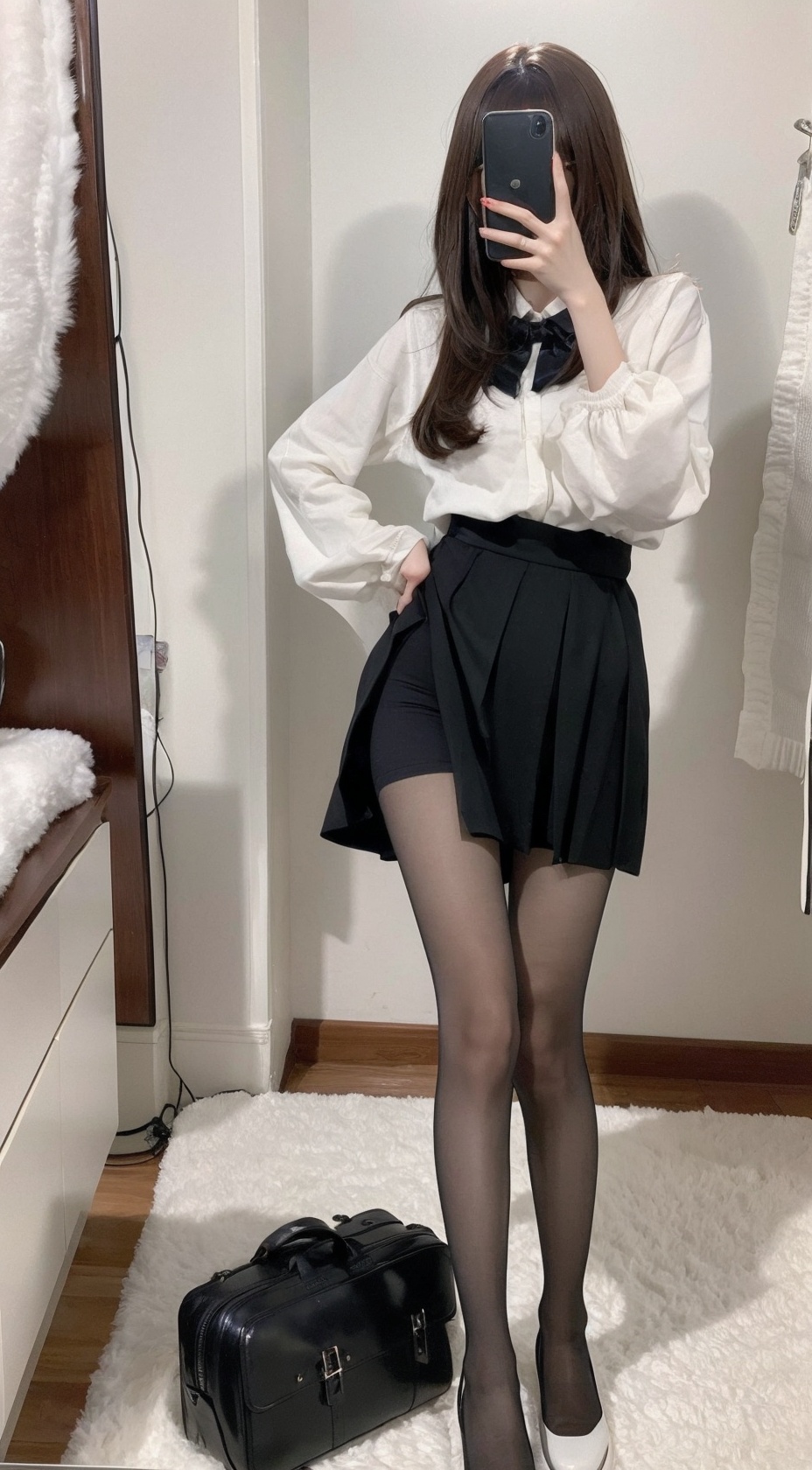  Best quality, 1girl, xtt's bodyA photo of oneself taken with a phone in front of a mirror ,full body, Wearing black Pleated skirt, wearing pantyhose , kneeling, Mobile selfie perspective, shapely body,midnight, xtt