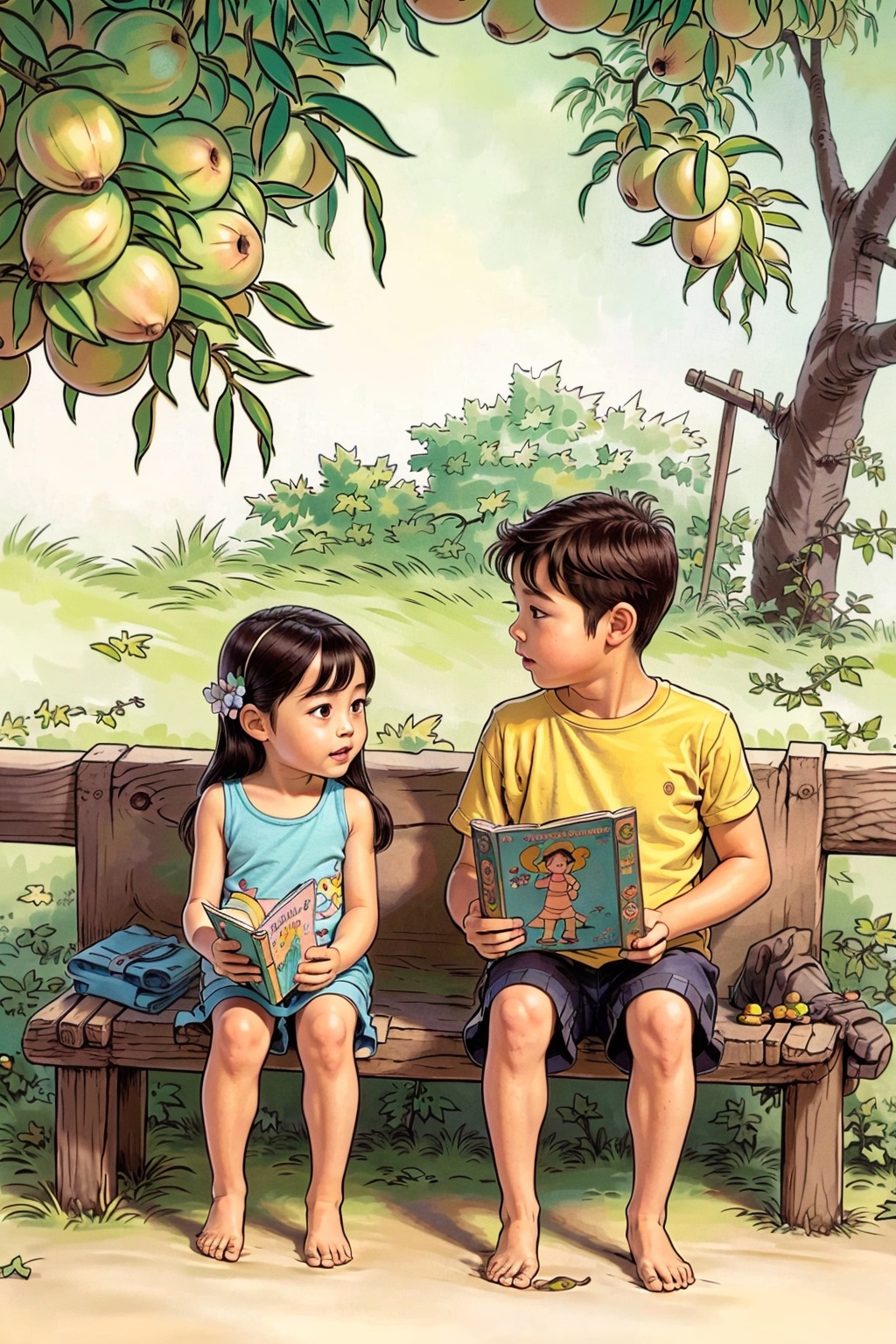 Best quality,  8k,  there a cartoon of a boy and girl sitting on a bench by 眸中客 on Tensor.Art
