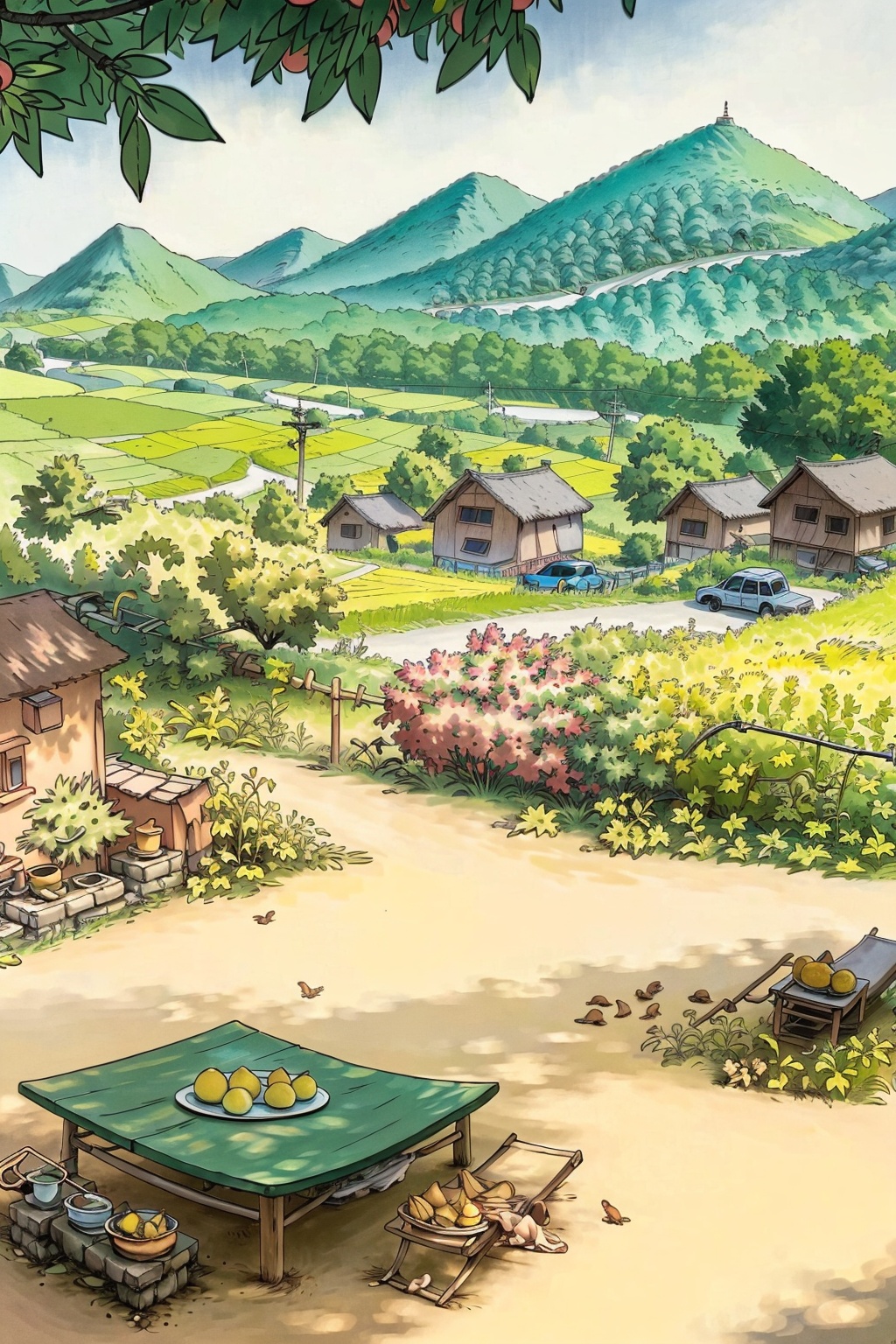 Best quality,  8k,  there a painting of a house with a garden and a table by 眸中客 on Tensor.Art