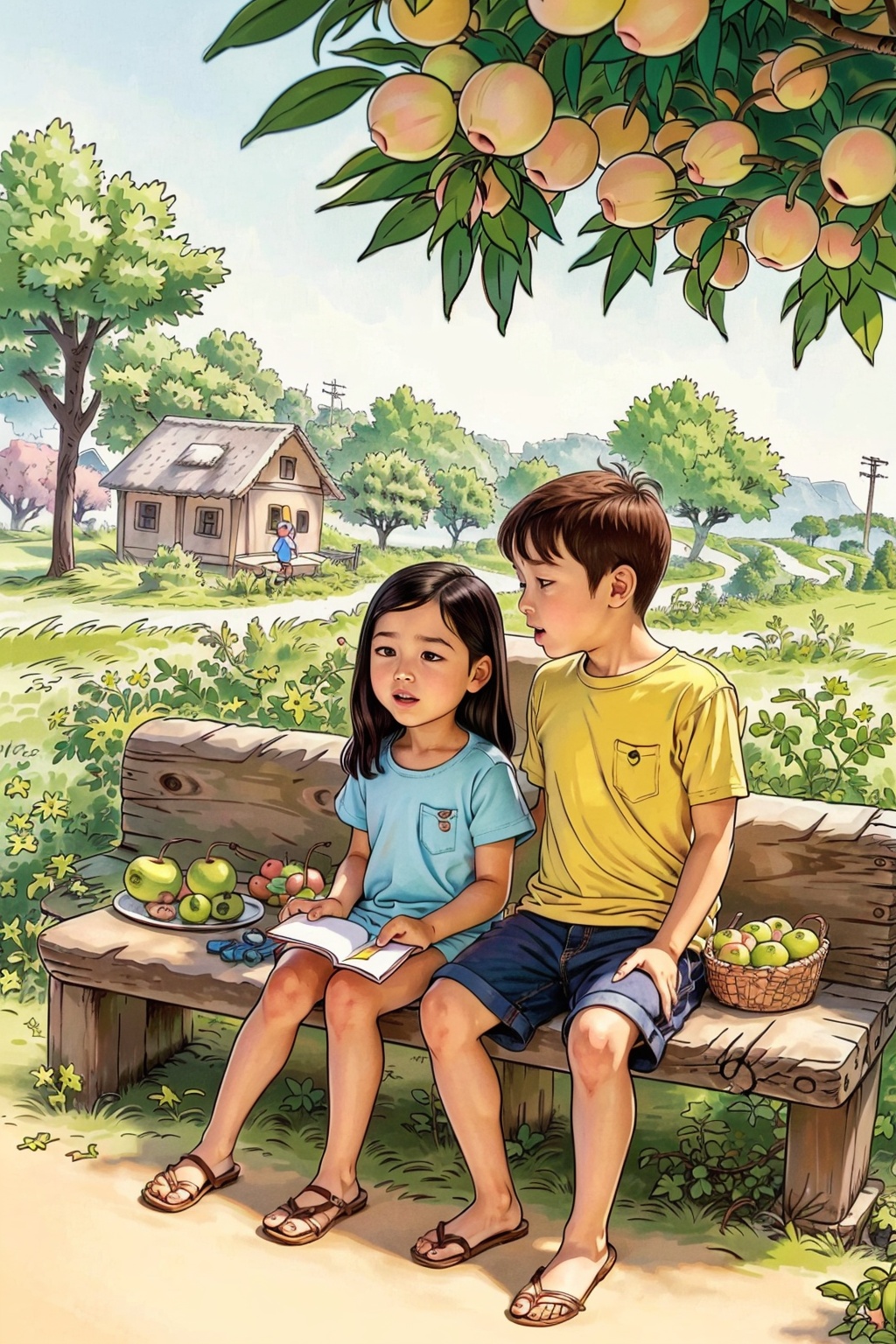 Best quality,  8k,  there a cartoon of a boy and girl sitting on a bench by 眸中客 on Tensor.Art