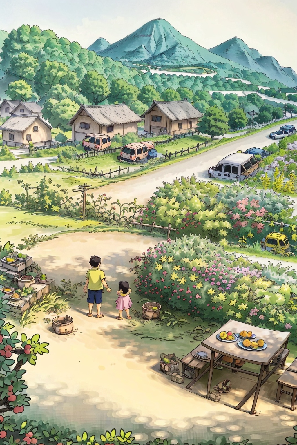 Best quality,  8k,  there a painting of a house with a garden and a table by 眸中客 on Tensor.Art