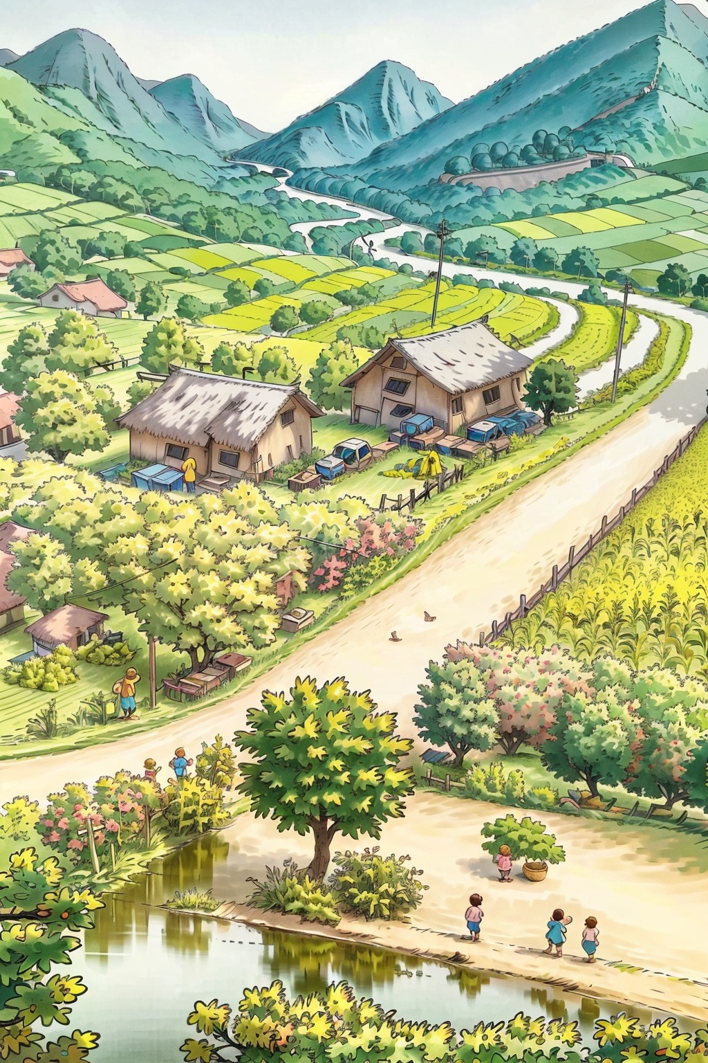 Best quality,  8k,  there a painting of a house with a garden and a table on Tensor.Art