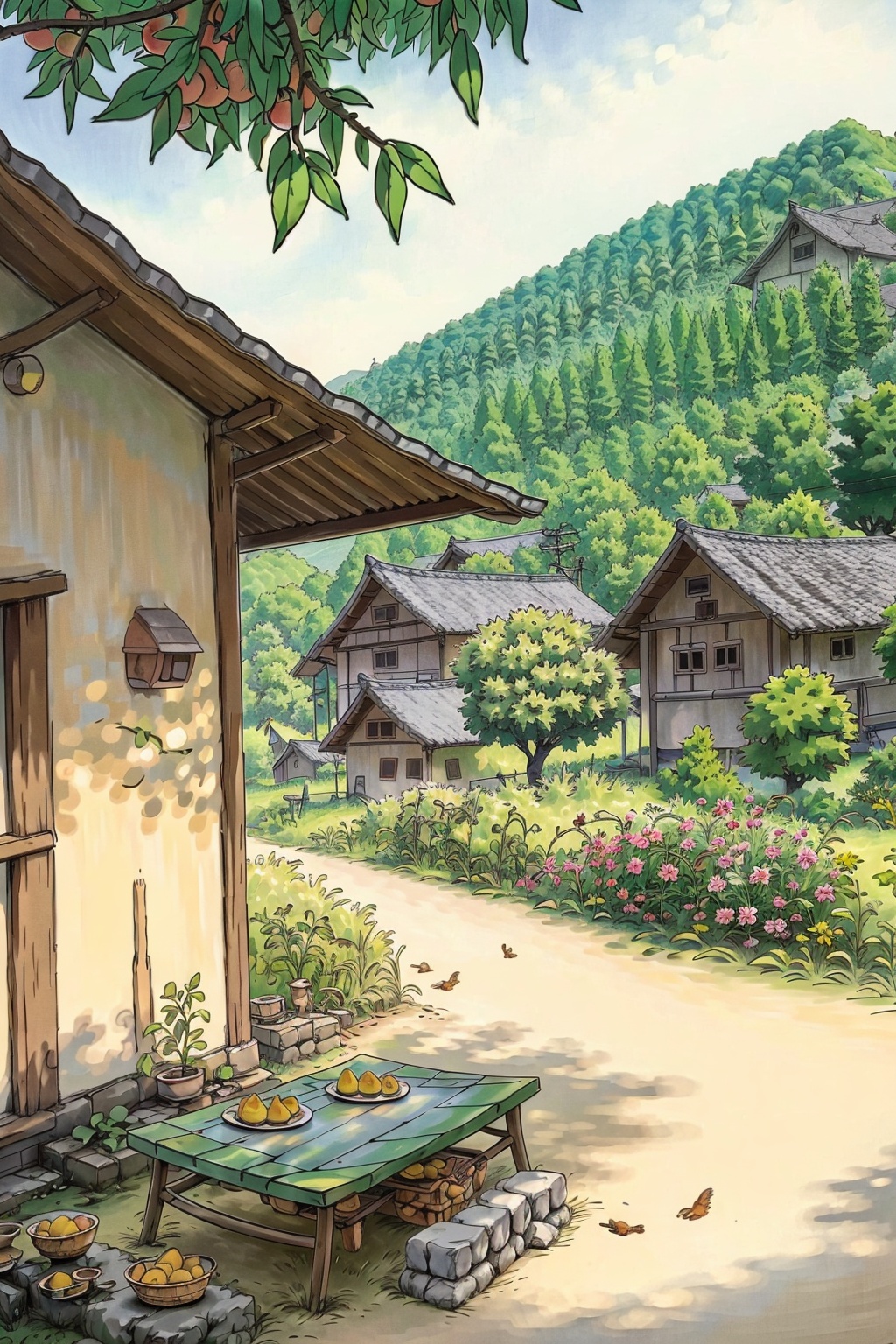 Best quality,  8k,  there a painting of a house with a garden and a table by 眸中客 on Tensor.Art