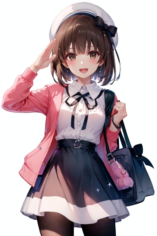 1girl, katou megumi, solo, bangs, hat, brown hair, open mouth, short hair, bag, looking at viewer, jacket, simple background, white headwear, blush, red jacket, salute, collarbone, white background, brown eyes, beret, open clothes, smile, dress, open jacket, ribbon, buttons, long sleeves, handbag, shoulder bag, bow, fingernails, arm up, neck ribbon, breasts, :d, medium breasts, teeth