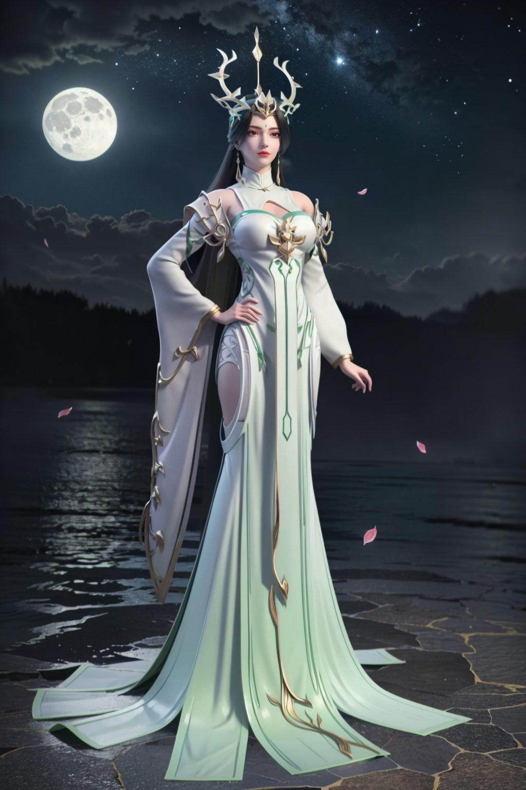(RAW photo, best quality, masterpiece:1.2),(super realistic, photo-realistic:1.3),ultra-detailed,extremely detailed cg 16k wallpaper,skin gloss,light persona,flawless,clean,professional artwork,famous artwork,perfect face,beautiful face,perfect body,complete body,(cherry blossoms, cloud, full moon, looking at viewer, moon, moonlight, night, night sky, outdoors, petals, blue moon, rose petals, sky, star sky, starry sky, sun),(crystalstexture skin:1.2),(extremely delicate and beautiful),(full body:1.4),green theme,light,glowing,light effect particles,1girl,solo,long hair,blue eyes,lsq-hd,white_dress,long sleeves,antlers,hair ornament,wide sleeves,(full shot),(breasts, cleavage:1.2),looking_at_viewer,<lora:1211ls-000018:0.8>,