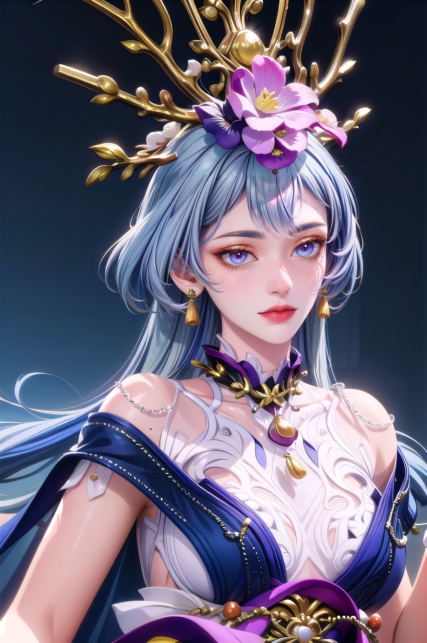 yuanshen, 1girl, solo, jewelry, long hair, blue hair, earrings, looking at viewer, hair ornament, closed mouth, bangs, purple eyes, blue eyes, blue background, upper body, bare shoulders, portrait, ,perfect balance, looking at viewer, closed mouth, (Light_Smile:0.3), official art, extremely detailed CG unity 8k wallpaper, perfect lighting, Colorful, Bright_Front_face_Lighting, White skin, (masterpiece:1), (best_quality:1), ultra high res, 4K, ultra-detailed, photography, 8K, HDR, highres, absurdres:1.2, Kodak portra 400, film grain, blurry background, bokeh:1.2, lens flare, (vibrant_color:1.2), professional photograph, (narrow_waist),, dark studio