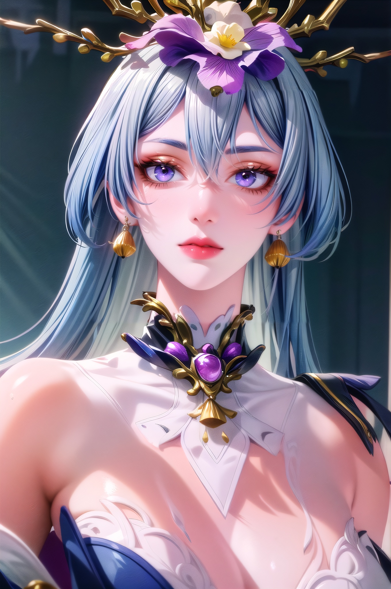 yuanshen, 1girl, solo, jewelry, long hair, blue hair, earrings, looking at viewer, hair ornament, closed mouth, bangs, purple eyes, blue eyes, blue background, upper body, bare shoulders, portrait, ,perfect balance, looking at viewer, closed mouth, (Light_Smile:0.3), official art, extremely detailed CG unity 8k wallpaper, perfect lighting, Colorful, Bright_Front_face_Lighting, White skin, (masterpiece:1), (best_quality:1), ultra high res, 4K, ultra-detailed, photography, 8K, HDR, highres, absurdres:1.2, Kodak portra 400, film grain, blurry background, bokeh:1.2, lens flare, (vibrant_color:1.2), professional photograph, (narrow_waist),, dark studio