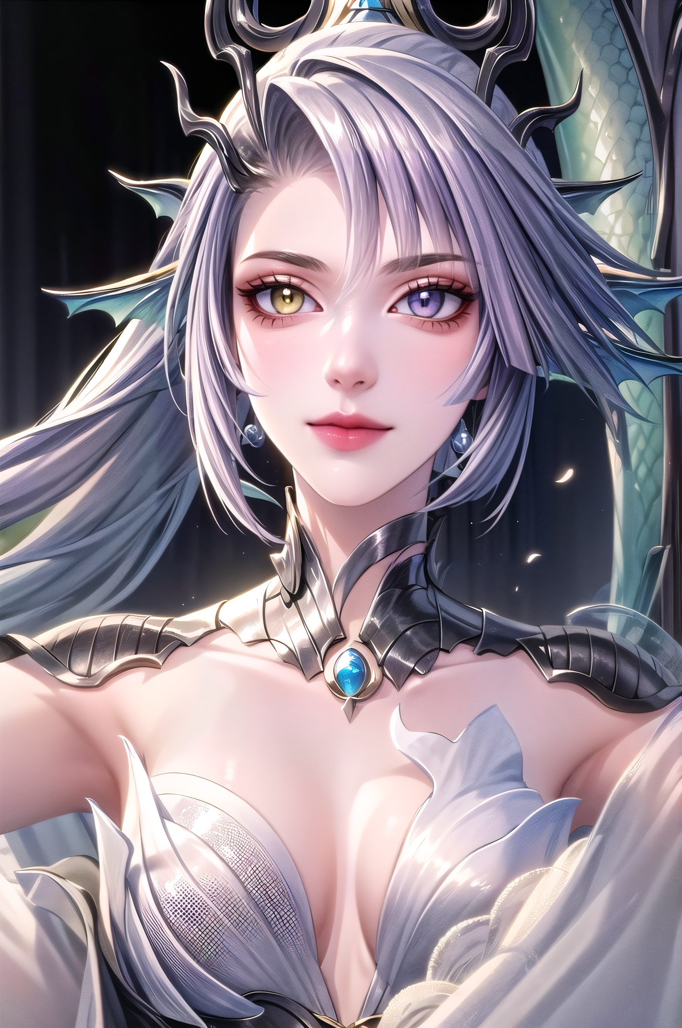 yuanshen, 1girl, solo, heterochromia, yellow eyes, long hair, horns, head fins, breasts, smile, looking at viewer, scales, purple hair, monster girl, ponytail, tail, hair ornament, black background, upper body, portrait,nice hands, ,perfect balance, looking at viewer, closed mouth, (Light_Smile:0.3), official art, extremely detailed CG unity 8k wallpaper, perfect lighting, Colorful, Bright_Front_face_Lighting, White skin, (masterpiece:1), (best_quality:1), ultra high res, 4K, ultra-detailed, photography, 8K, HDR, highres, absurdres:1.2, Kodak portra 400, film grain, blurry background, bokeh:1.2, lens flare, (vibrant_color:1.2), professional photograph, (narrow_waist),, dark studio