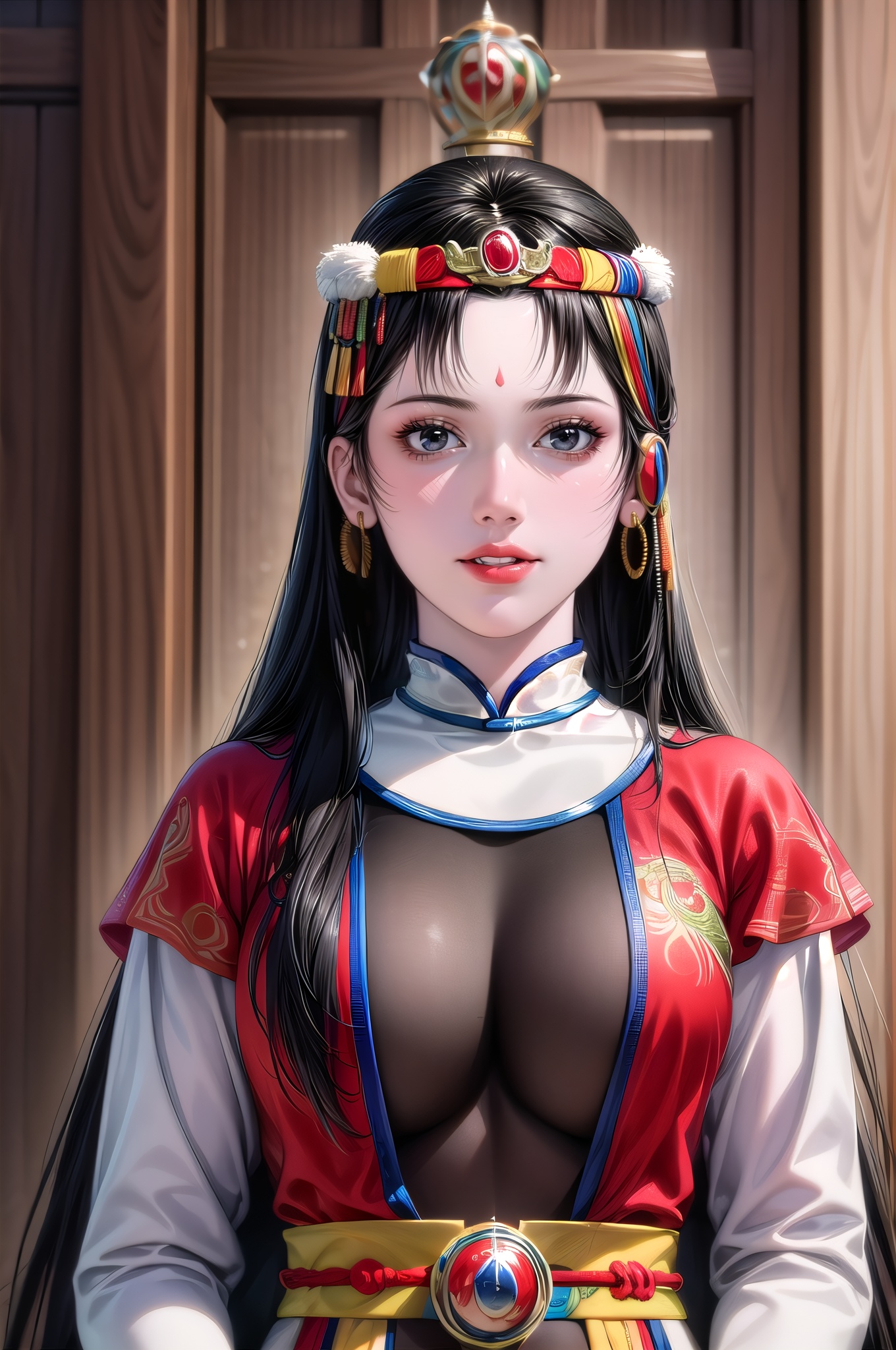 yuanshen, 1girl, solo, long hair, black hair, looking at viewer, parted lips, upper body, lips, fur trim, black eyes, brown eyes,nice hands,  perfect balance, looking at viewer, official art, extremely detailed CG unity 8k wallpaper, perfect lighting, Colorful, Bright_Front_face_Lighting, White skin, (masterpiece:1), (best_quality:1), ultra high res, 4K, ultra-detailed, photography, 8K, HDR, highres, absurdres:1.2, Kodak portra 400, film grain, blurry background, bokeh:1.2, lens flare, (vibrant_color:1.2), professional photograph,  (narrow_waist), , dark studio