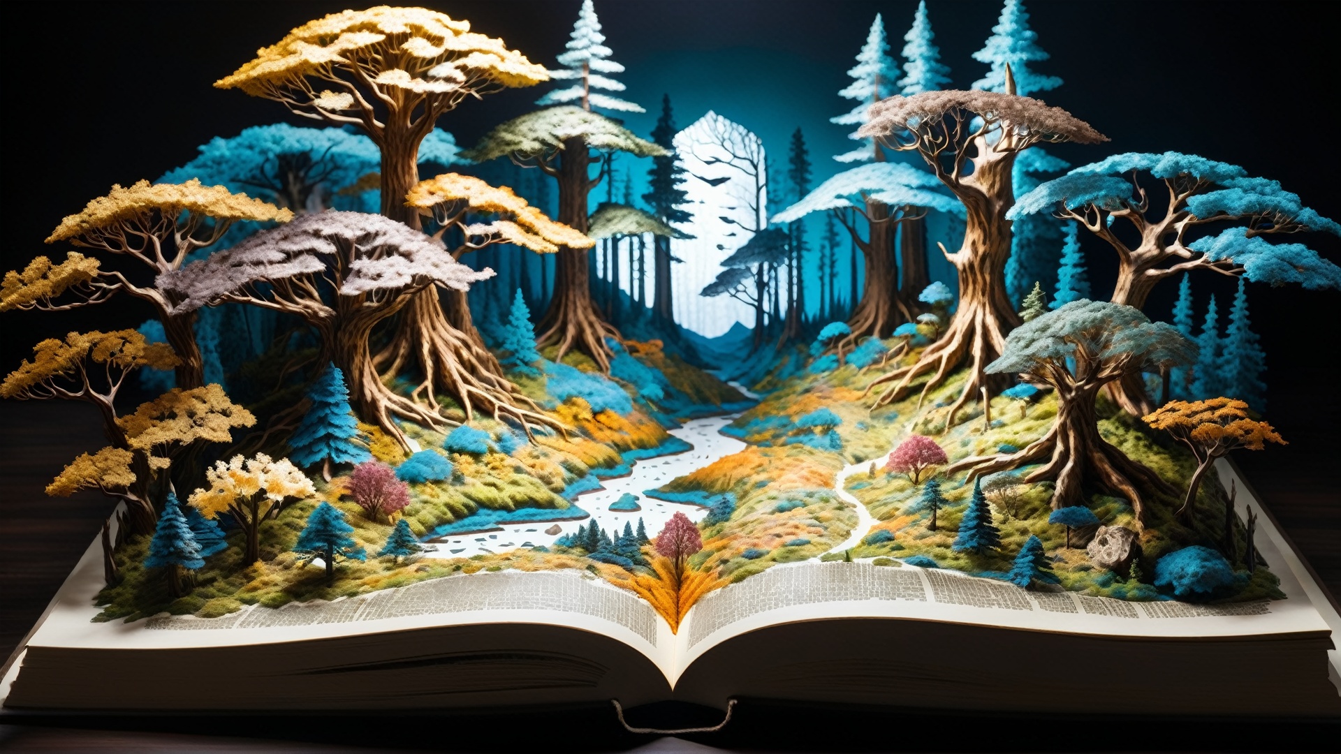 In the book world, in an ancient book, there is a mysterious woodland, and every leaf is filled with ancient words. This forest of pen and ink is a source of inspiration for creators, and adventurers who wander through it can feel the magic of words. When they touch the leaves, they will see scenes and stories related to the text, which seem to be integrated into the creative world of thought.