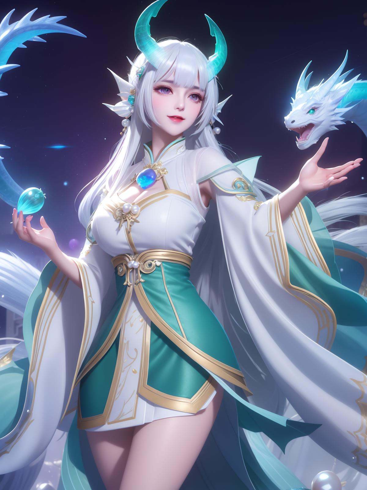 <lora:WZRYxishiYLQY_20230802135330:0.75>,1girl,mature female, night,cityscape, looking at viewer,white hair, hair ornament,purple eyes,transparent green blue dragon horns, shell,pearl,jewelry,blush,cowboy shot, capelet, skirt,trim,