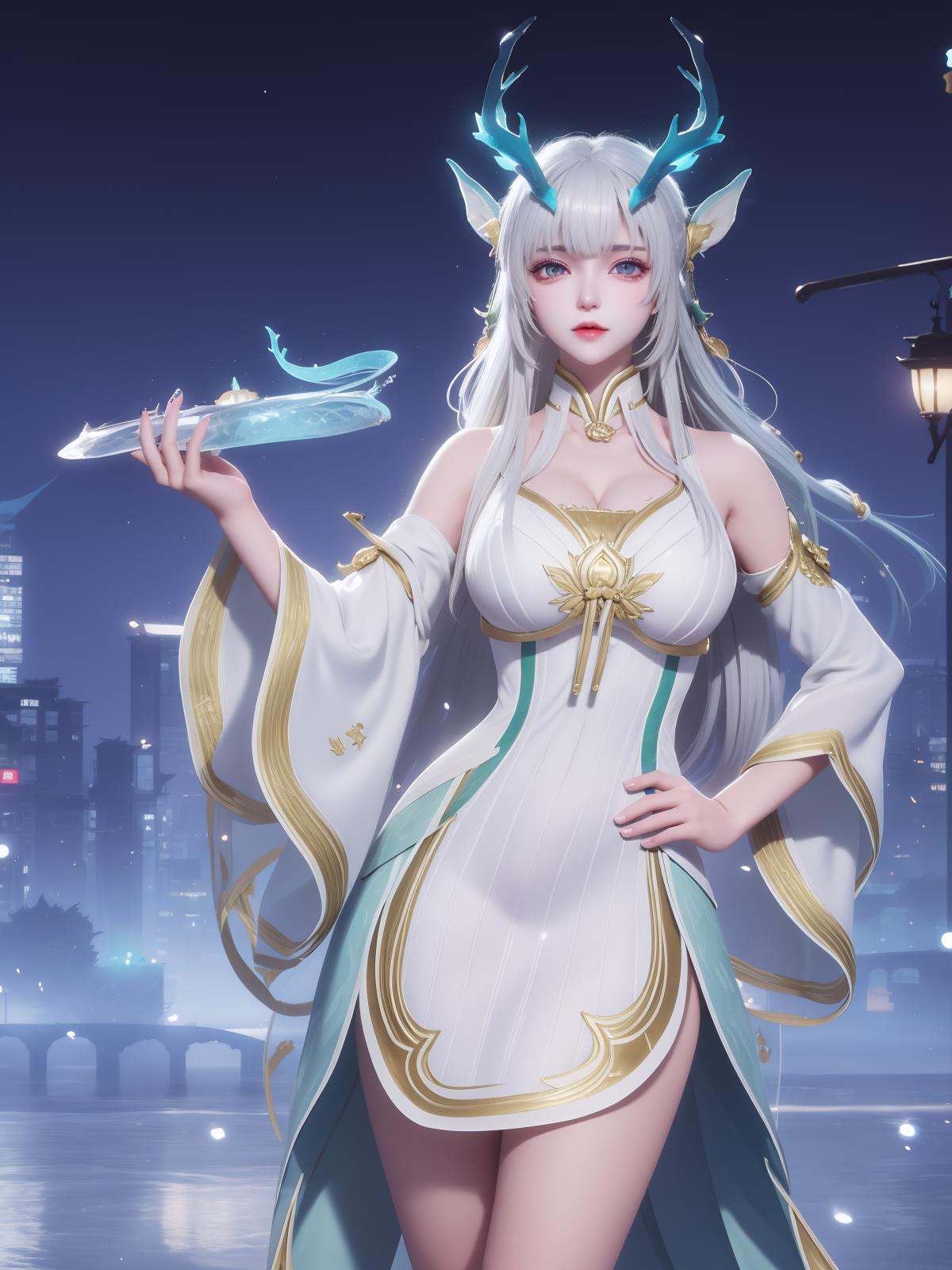 WZRYxishiYLQY, 1girl, long hair, solo, dress, detached sleeves, white hair, horns,mature female, cityscape, night, looking at viewer, cowboy shot, <lora:WZRYxishiYLQYii:0.75>,purple eyes, hand on hip, 