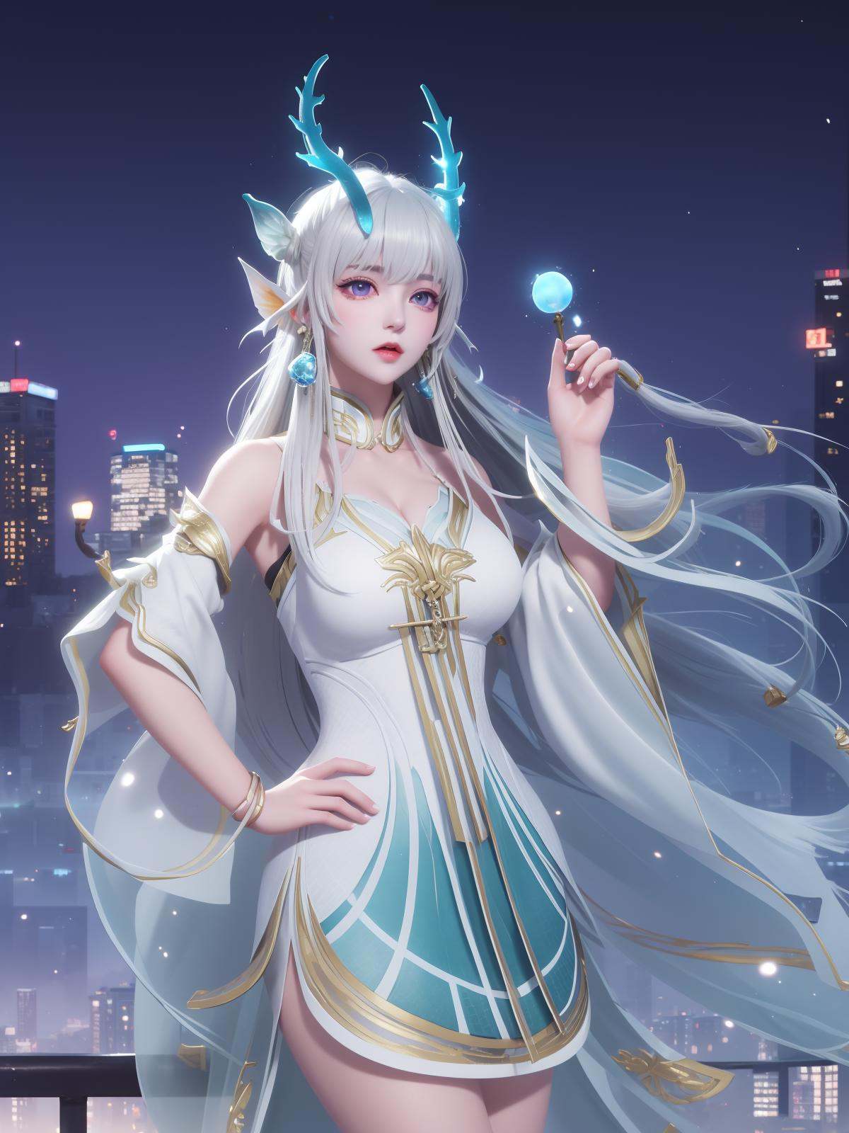 WZRYxishiYLQY, 1girl, long hair, solo, dress, detached sleeves, white hair, horns,mature female, cityscape, night, looking at viewer, cowboy shot, <lora:WZRYxishiYLQYii:0.75>,purple eyes, hand on hip, 