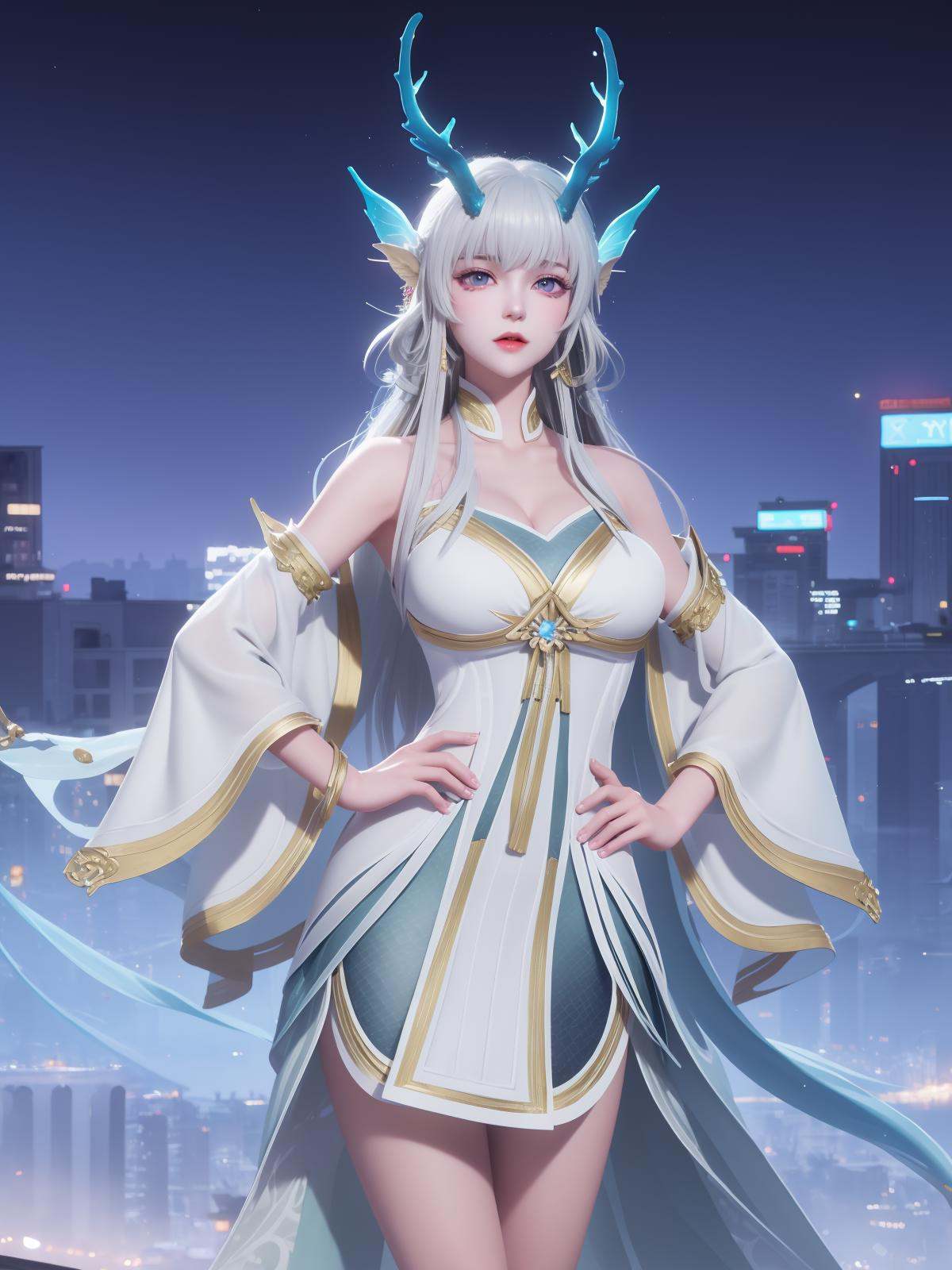 WZRYxishiYLQY, 1girl, long hair, solo, dress, detached sleeves, white hair, horns,mature female, cityscape, night, looking at viewer, cowboy shot, <lora:WZRYxishiYLQYii:0.75>,purple eyes, hand on hip, 